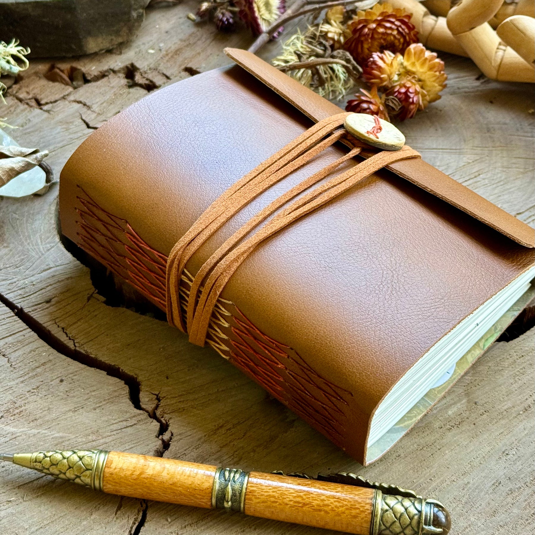 Warm Tan Cross-stitched Leather A6 Journal