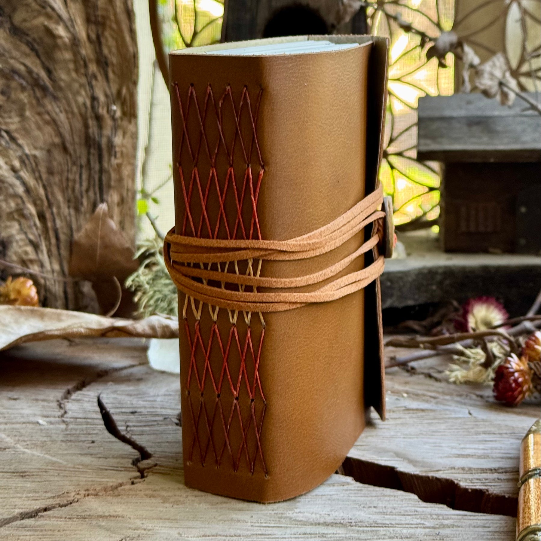 Warm Tan Cross-stitched Leather A6 Journal