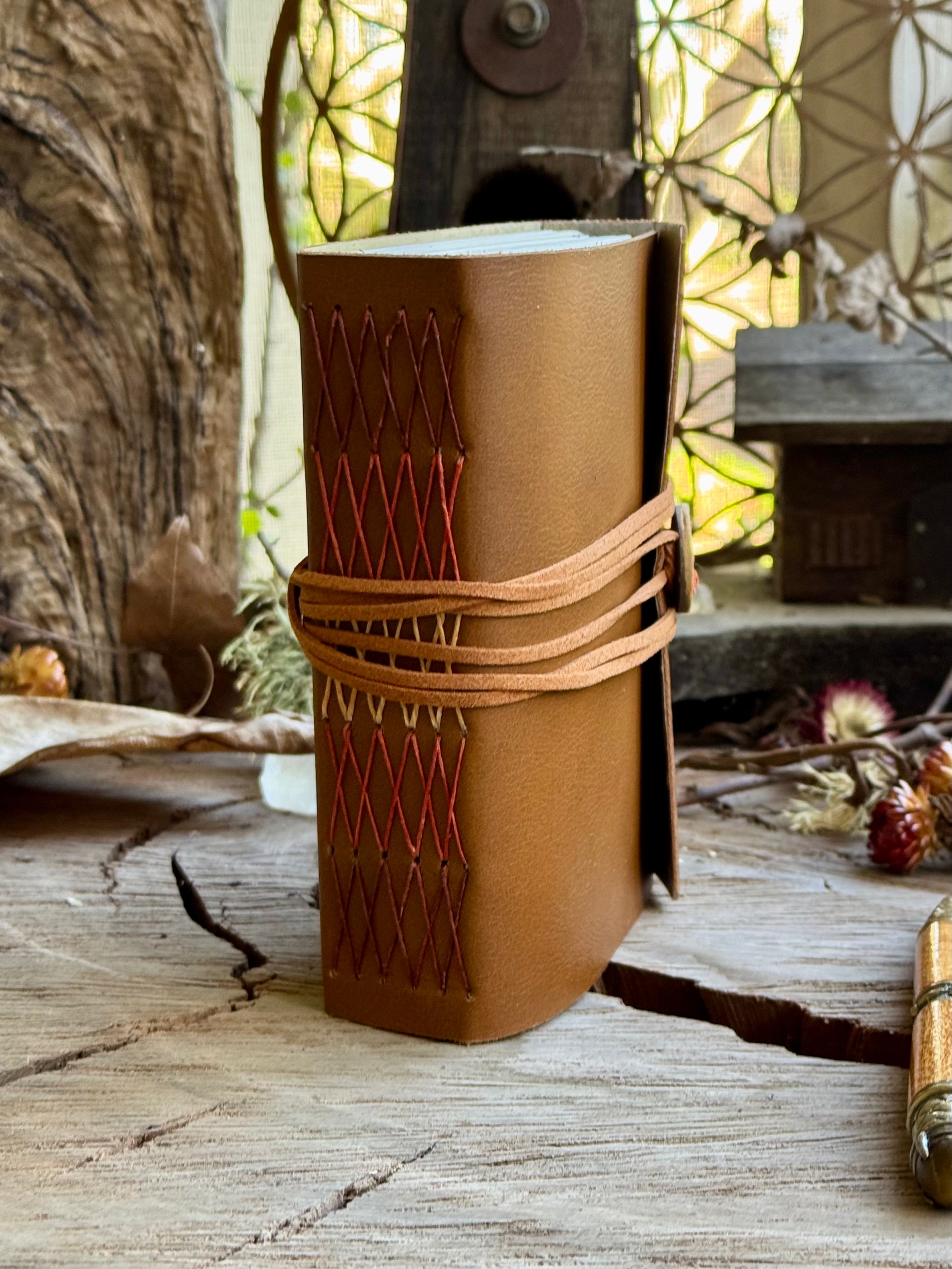 Warm Tan Cross-stitched Leather A6 Journal