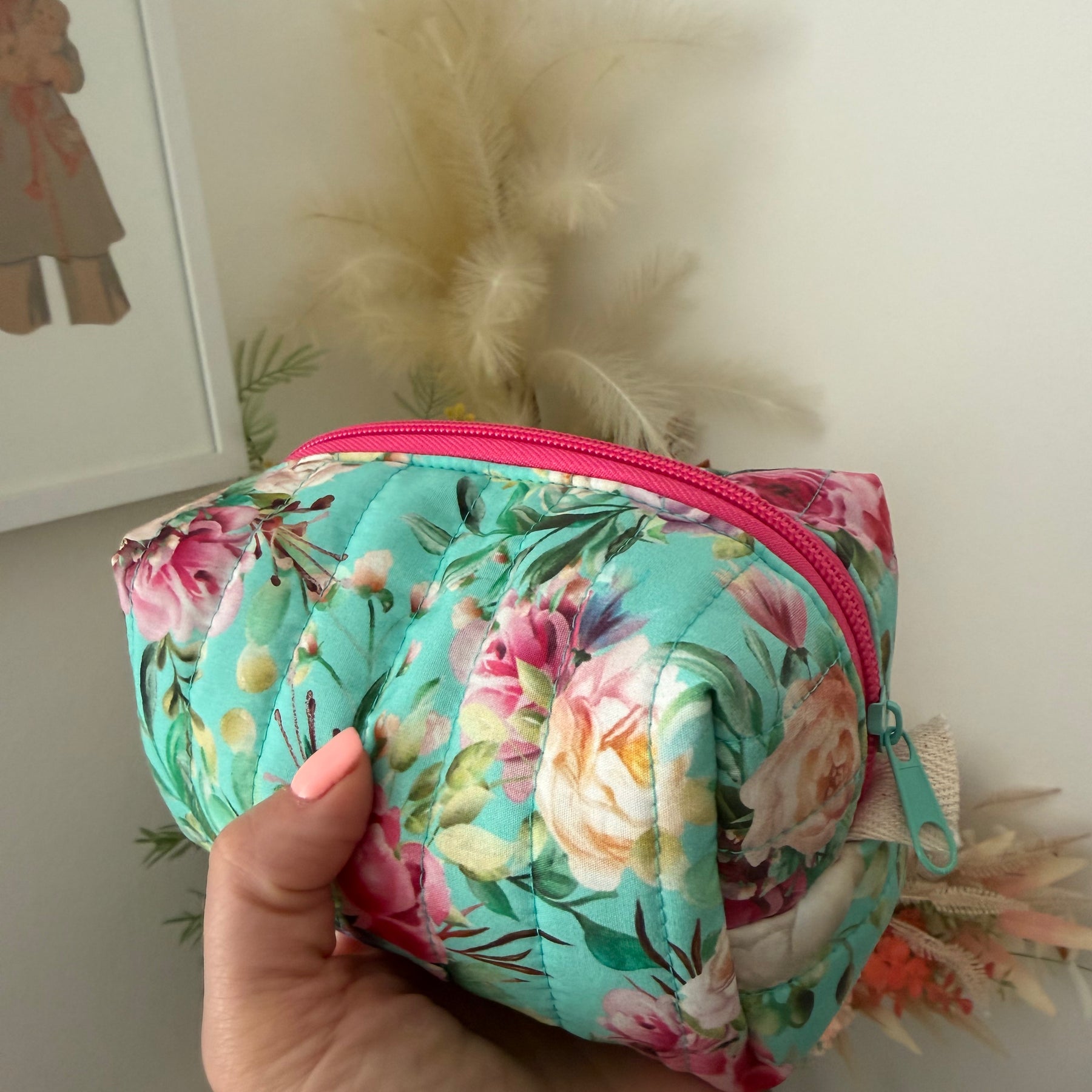 Set of 2 - Boxy Zipper Pouches - Aqua Floral