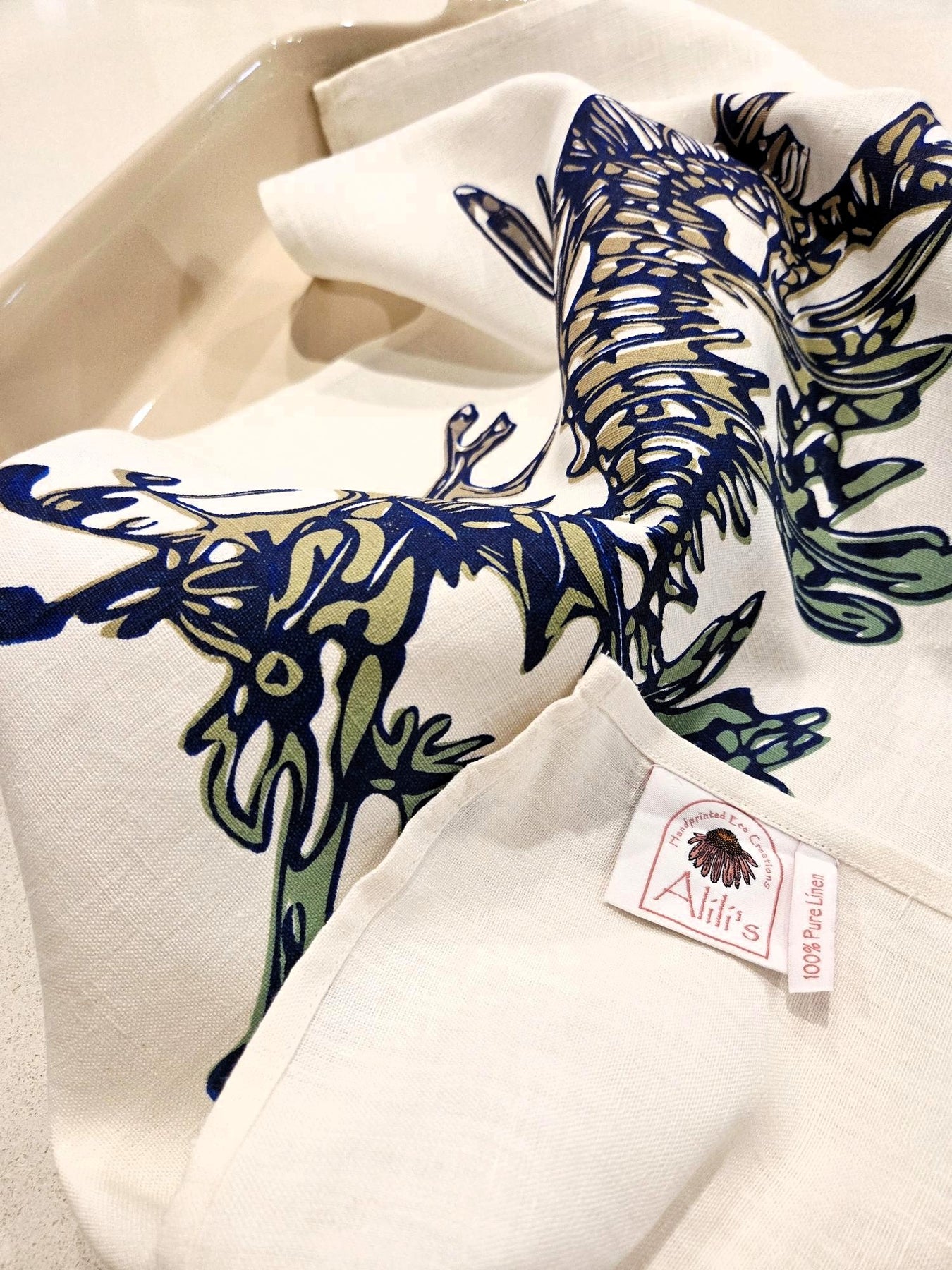 Hand Screen Printed Linen Tea Towels-Leafy Sea Dragon