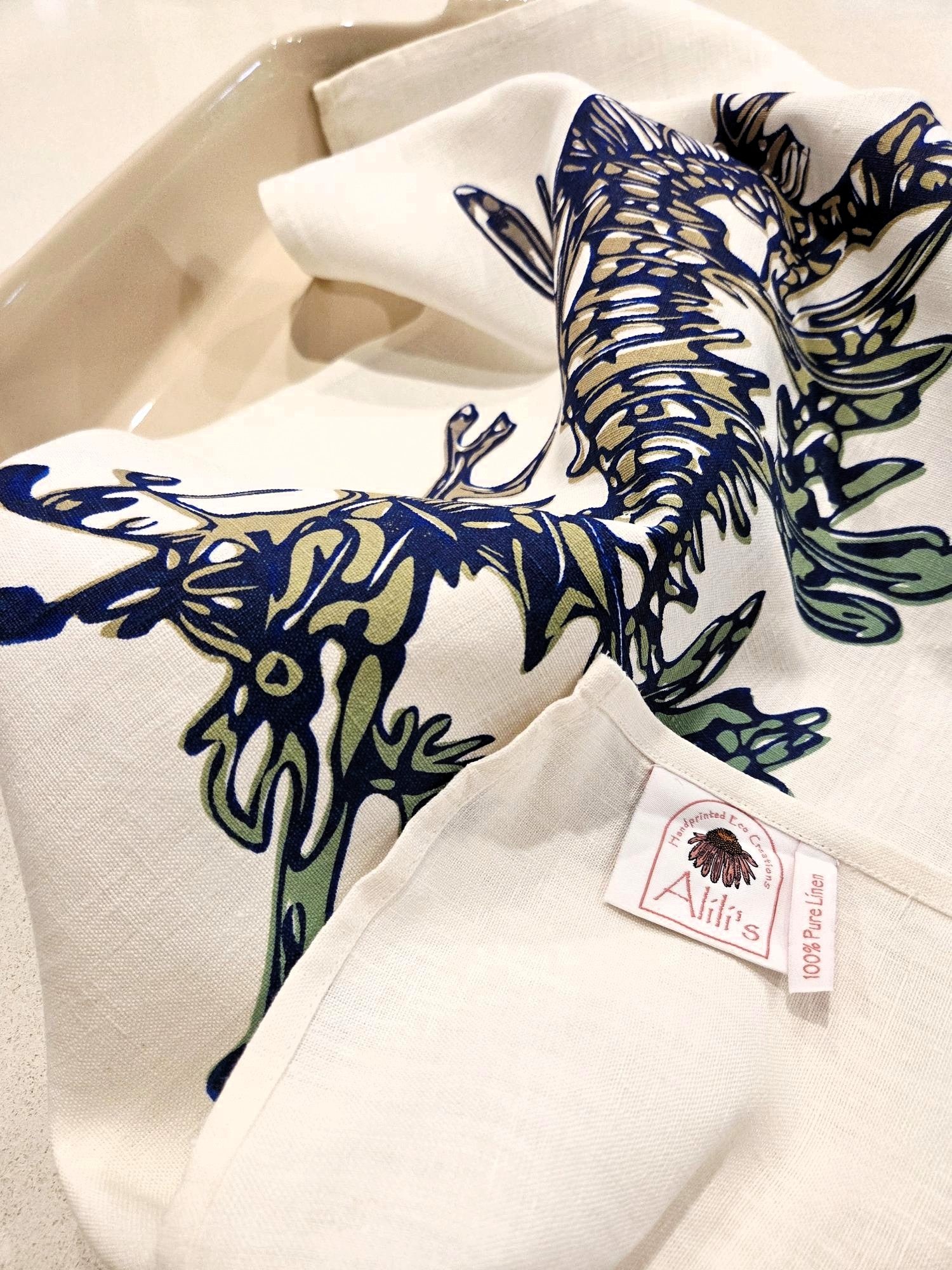 Hand Screen Printed Linen Tea Towels-Leafy Sea Dragon