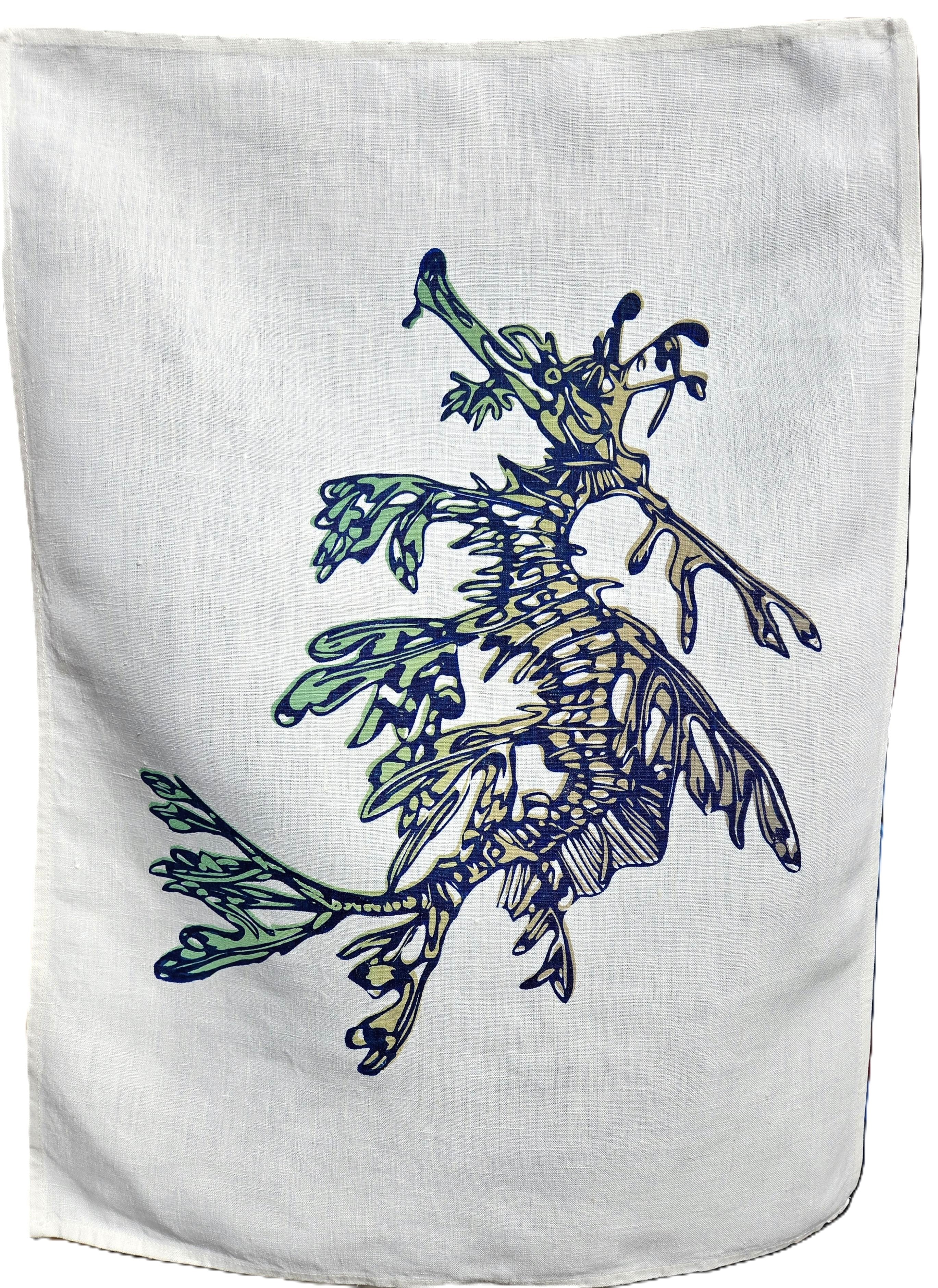 Hand Screen Printed Linen Tea Towels-Leafy Sea Dragon