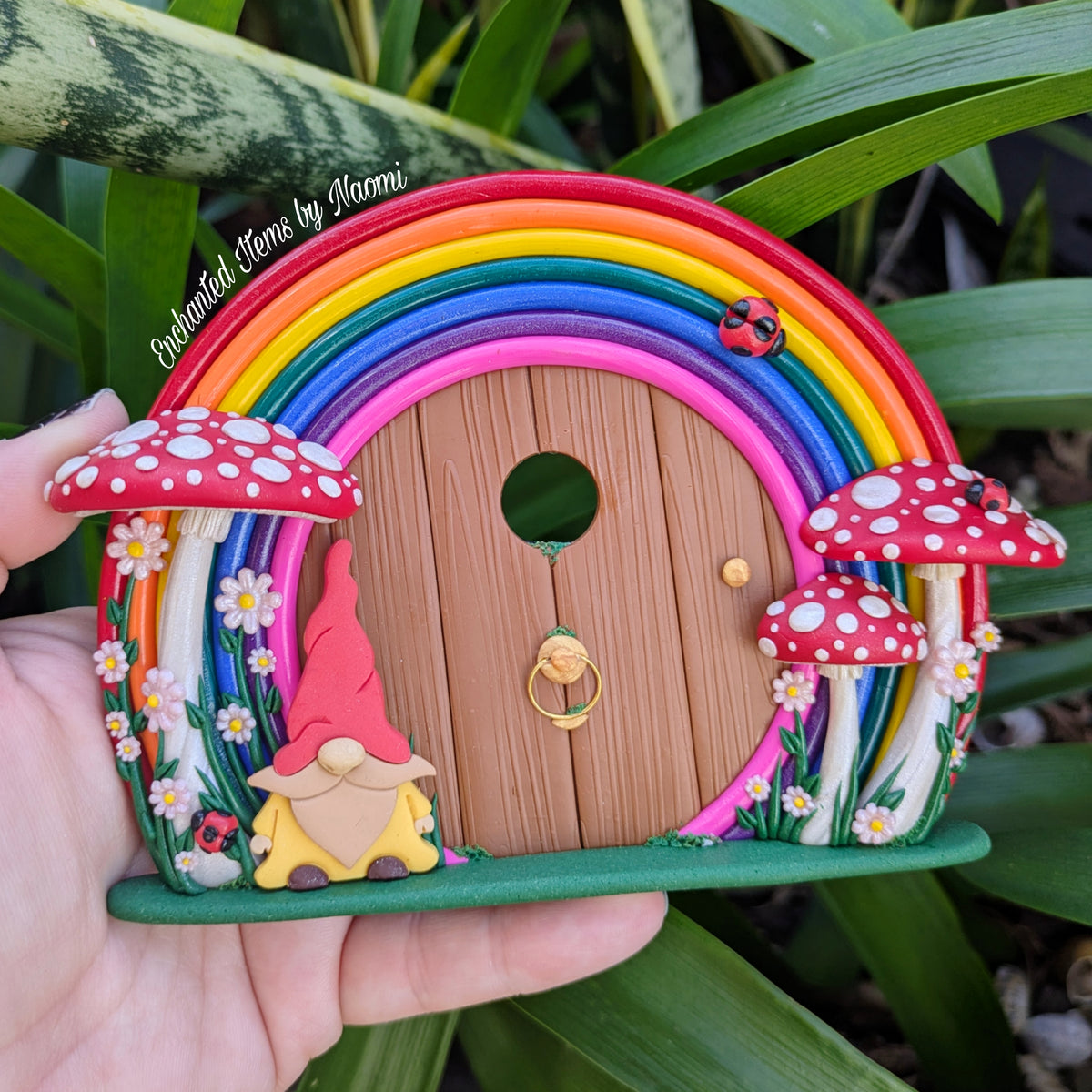 Rainbow Fairy Door with Gnome Visitor