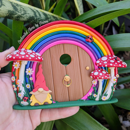 Rainbow Fairy Door with Gnome Visitor