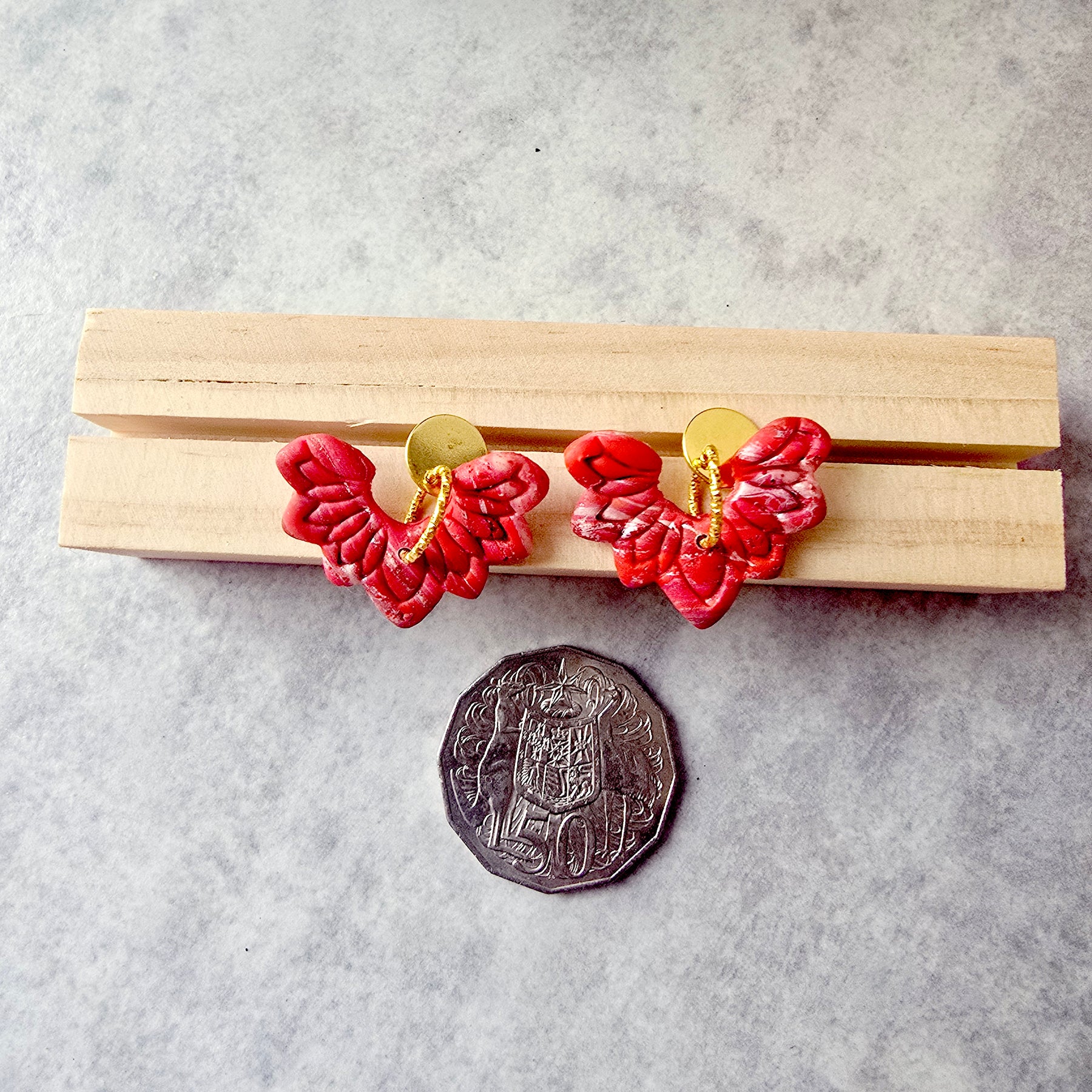 Red Marbled Floral 9k Gold Plated Earrings
