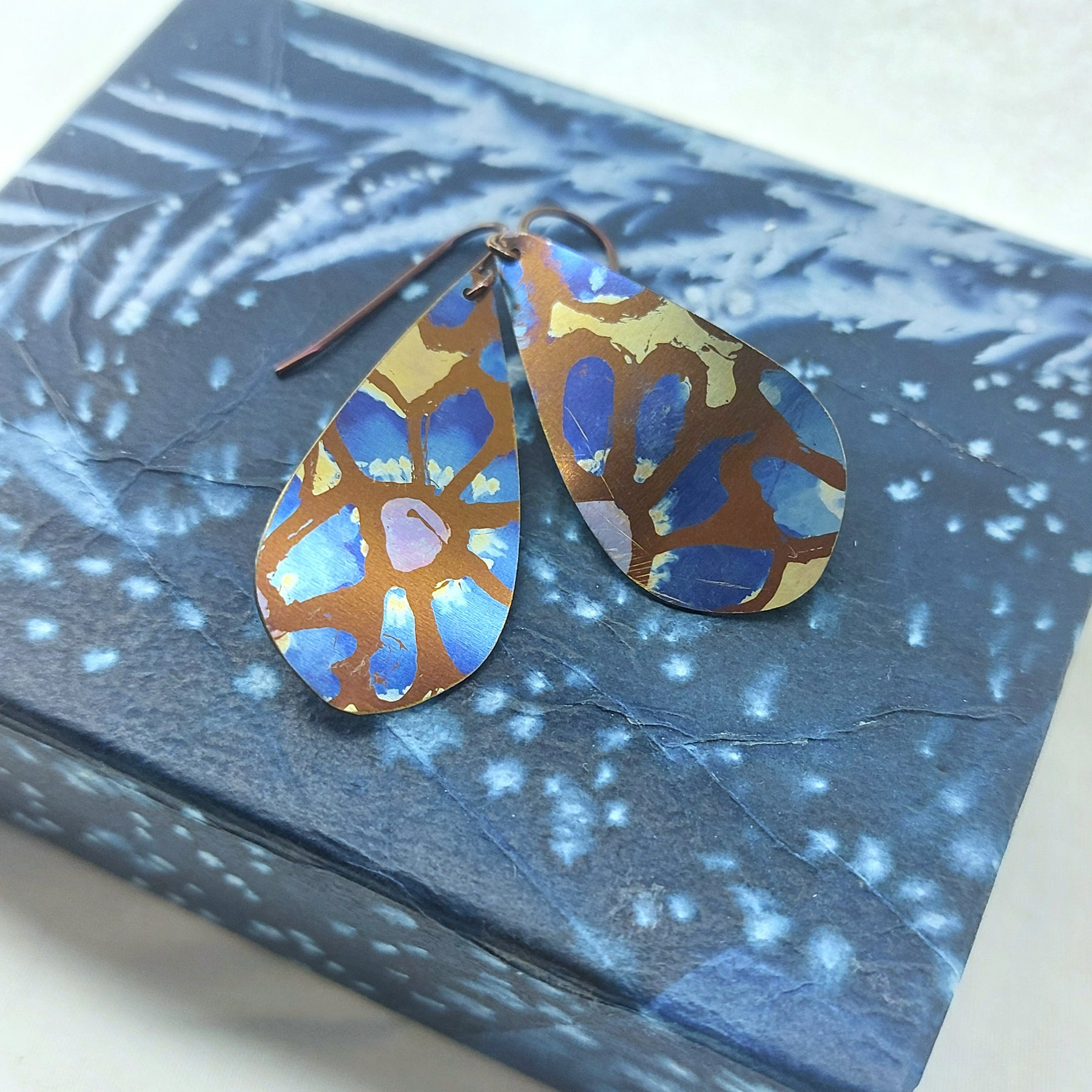 Titanium Teardrop Earrings Painted Flower Design- Gold, Blue and Bronze
