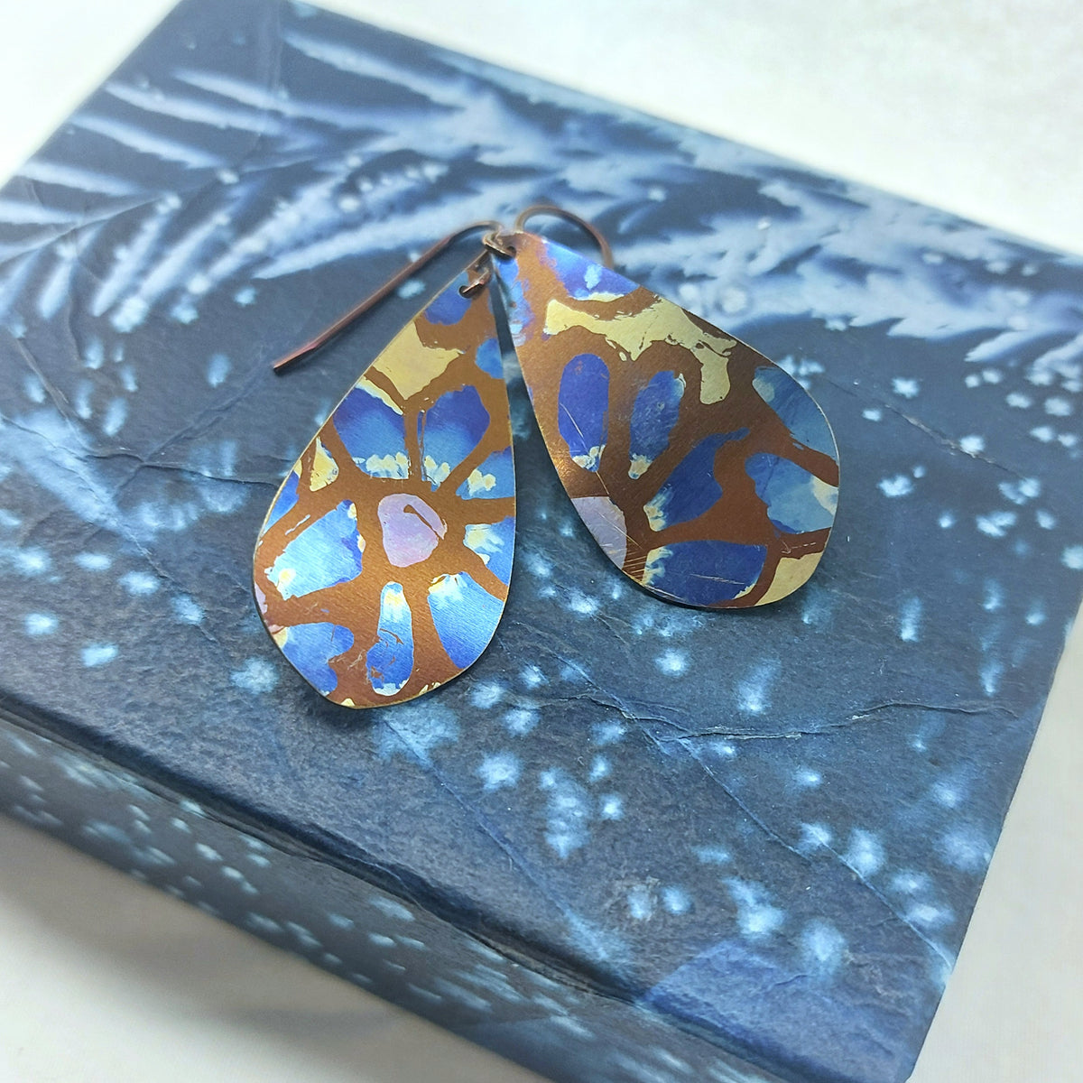 Titanium Teardrop Earrings Painted Flower Design- Gold, Blue and Bronze