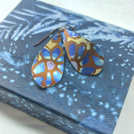 Titanium Teardrop Earrings Painted Flower Design- Gold, Blue and Bronze