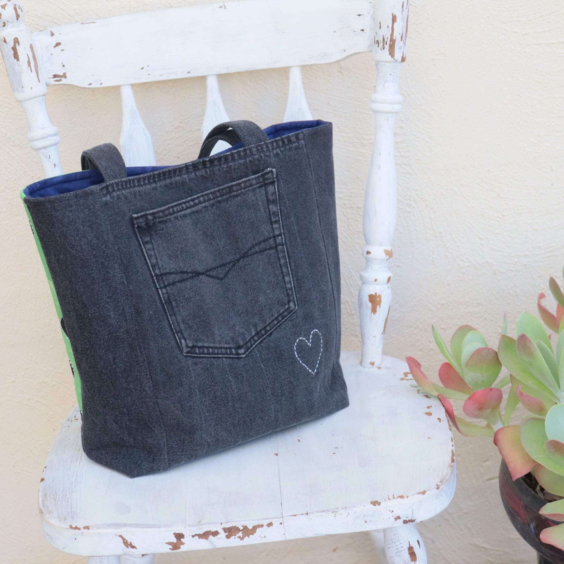 Tote Bag, Hand Dyed with upcycled denim and stenciled motifs