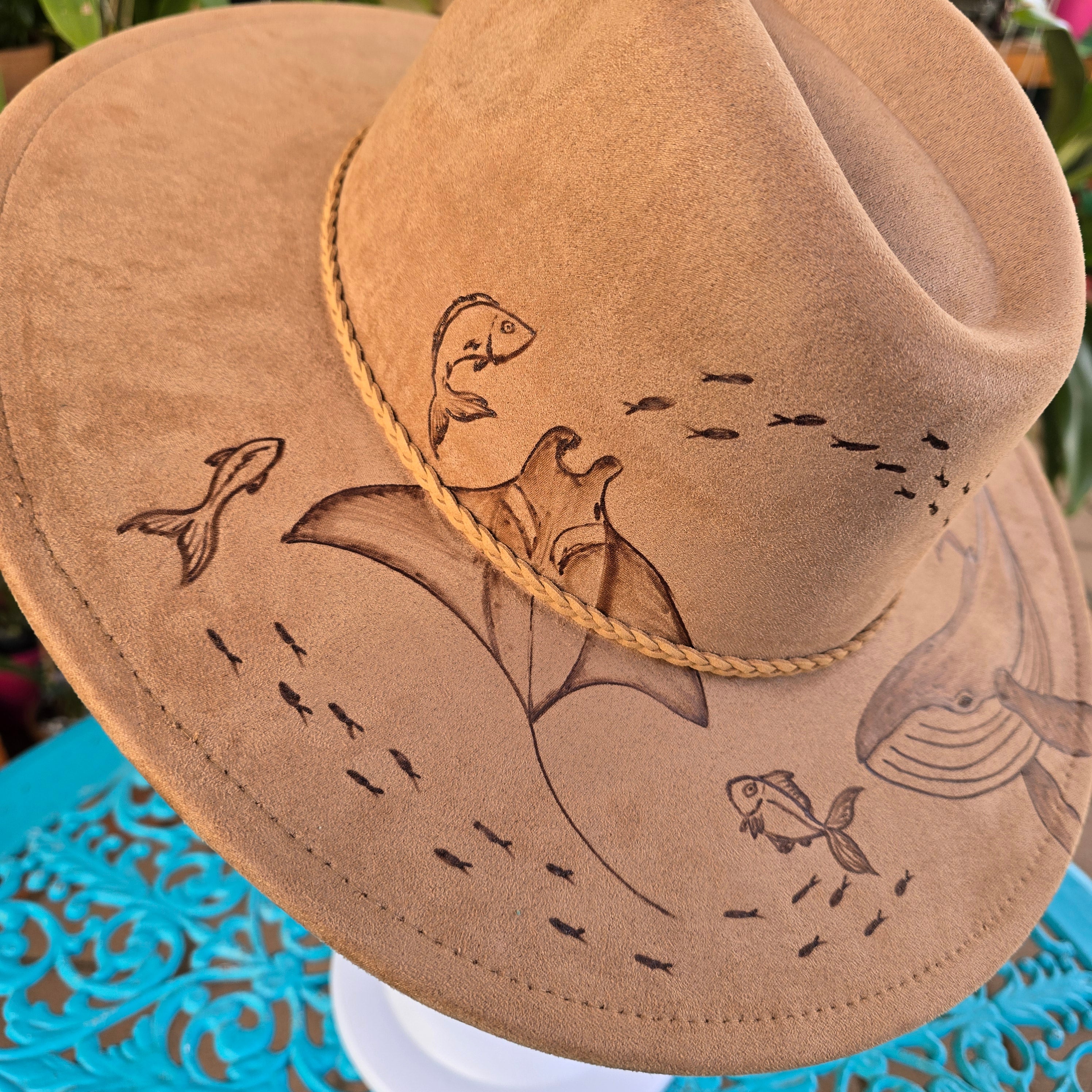 Hand burnt pyrography fedora hat - Ocean Odyssey