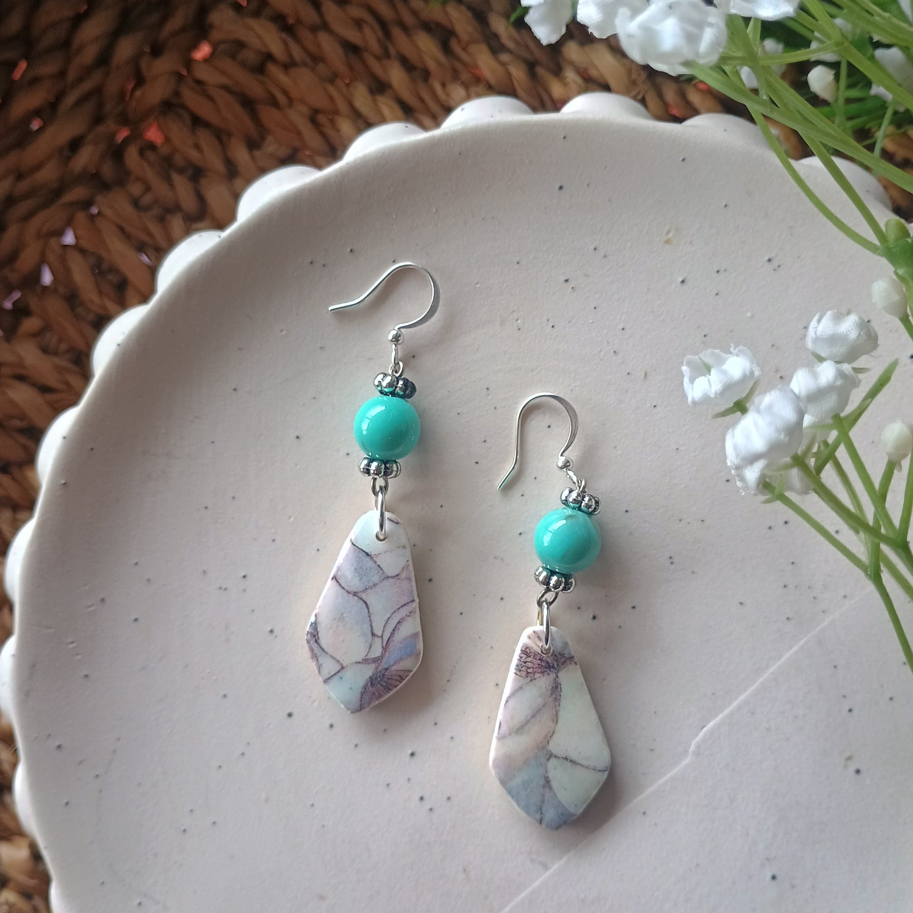 Floral marble print and turquoise bead polymer clay earring