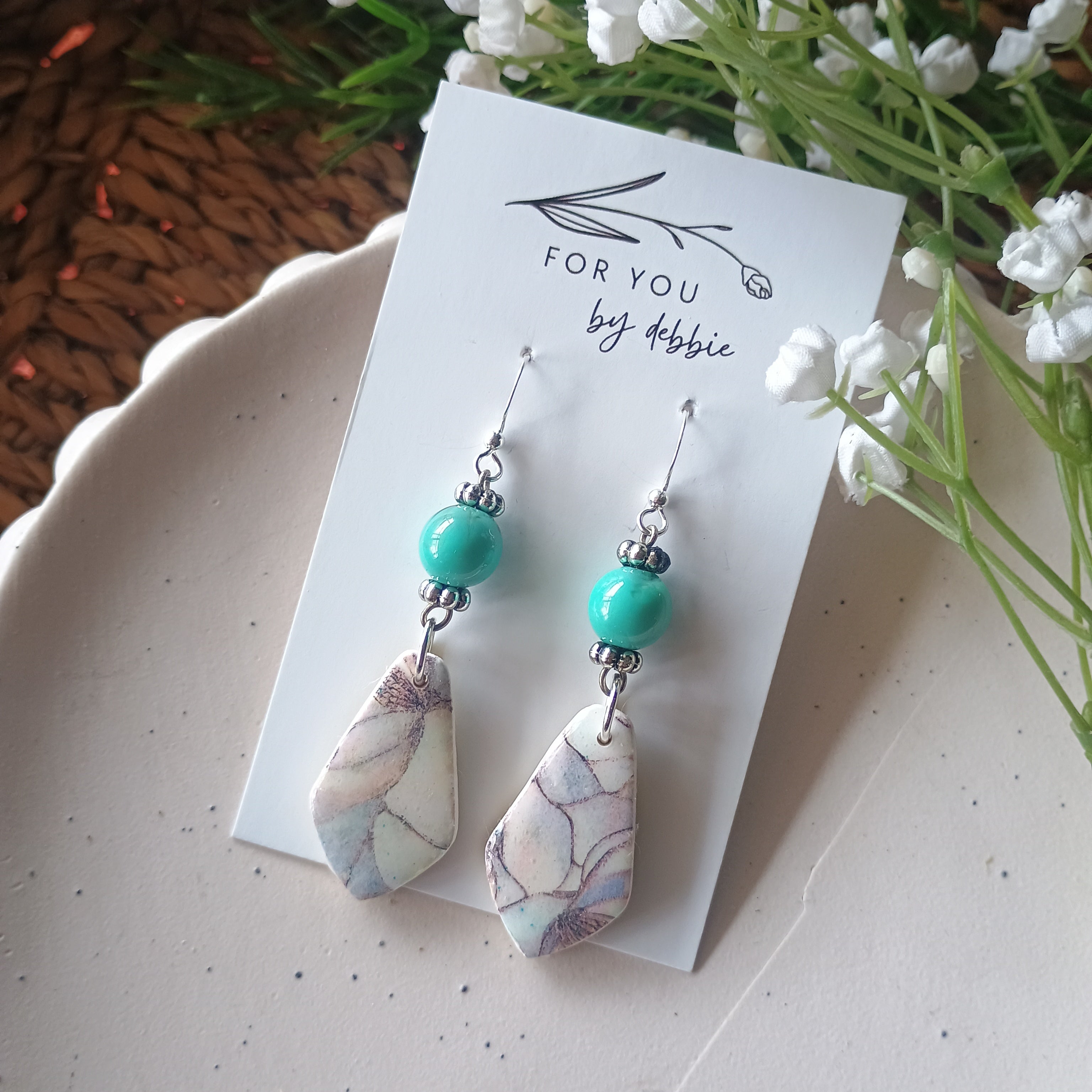 Floral marble print and turquoise bead polymer clay earring