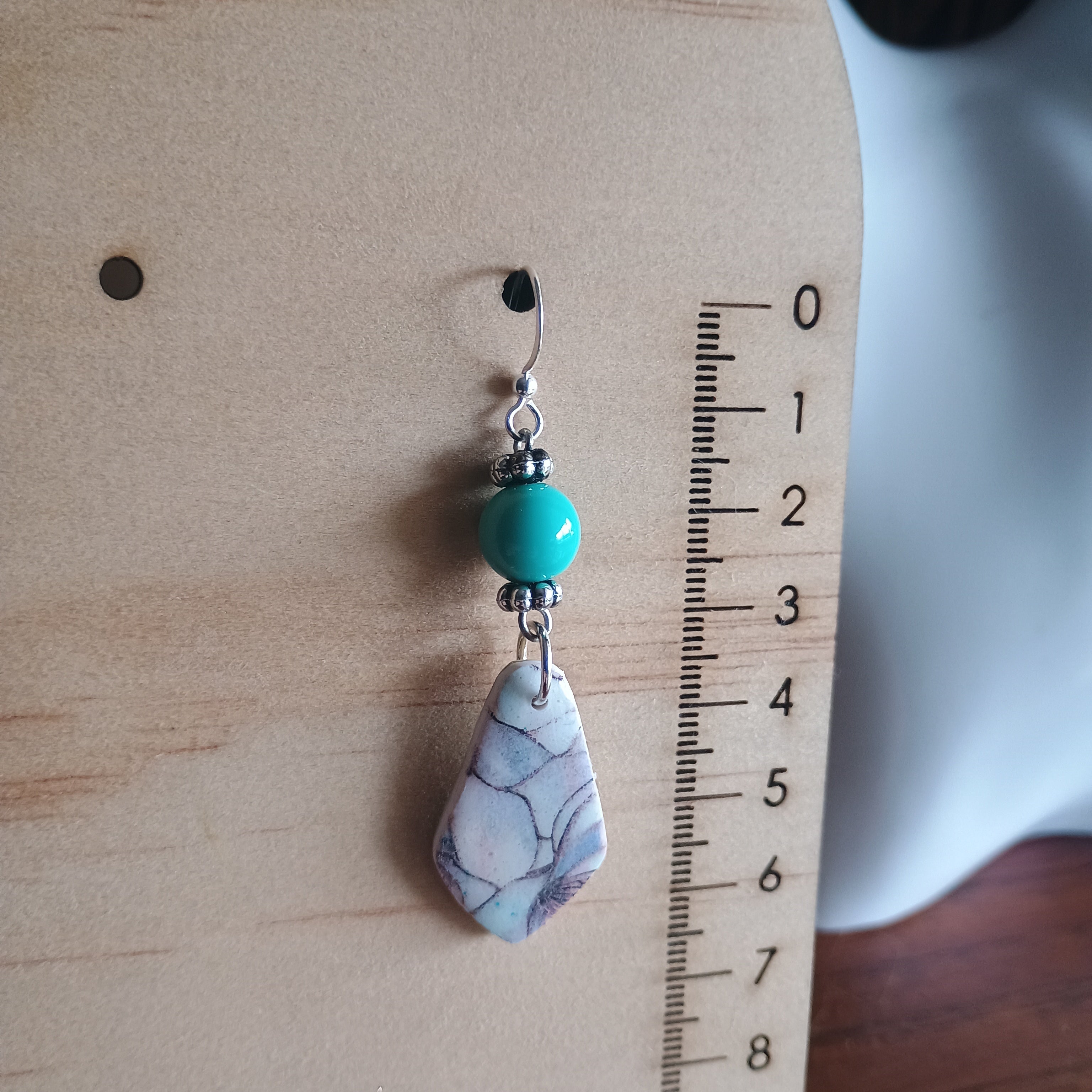 Floral marble print and turquoise bead polymer clay earring