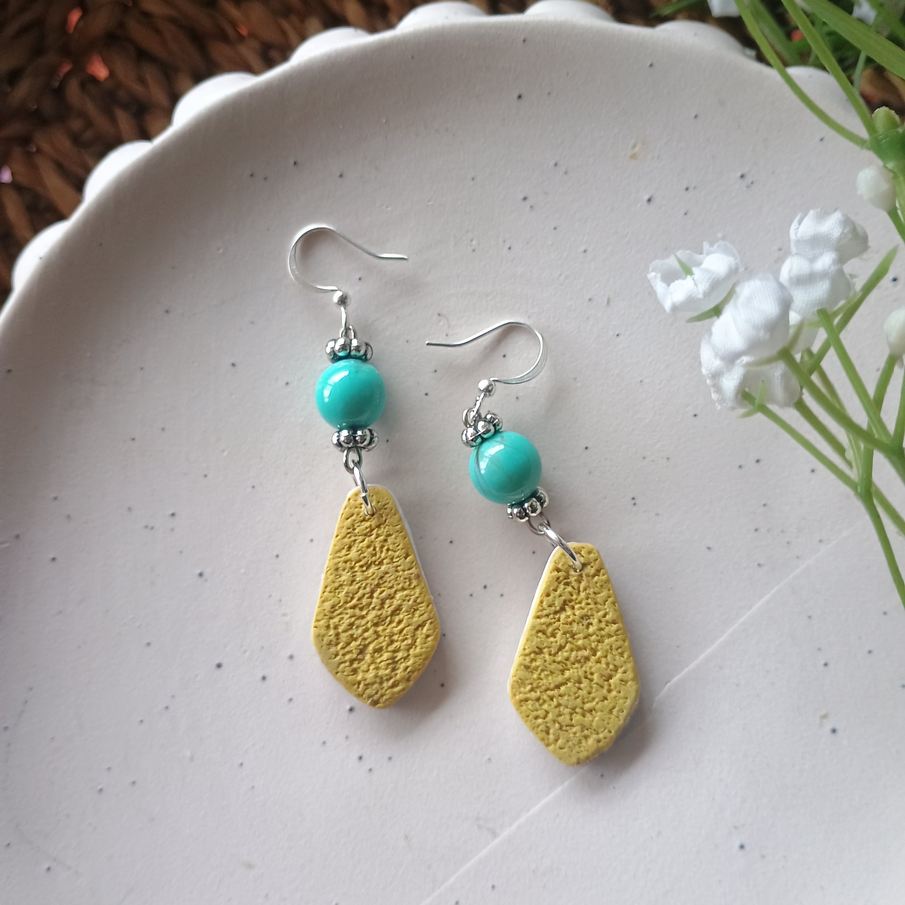 Floral marble print and turquoise bead polymer clay earring
