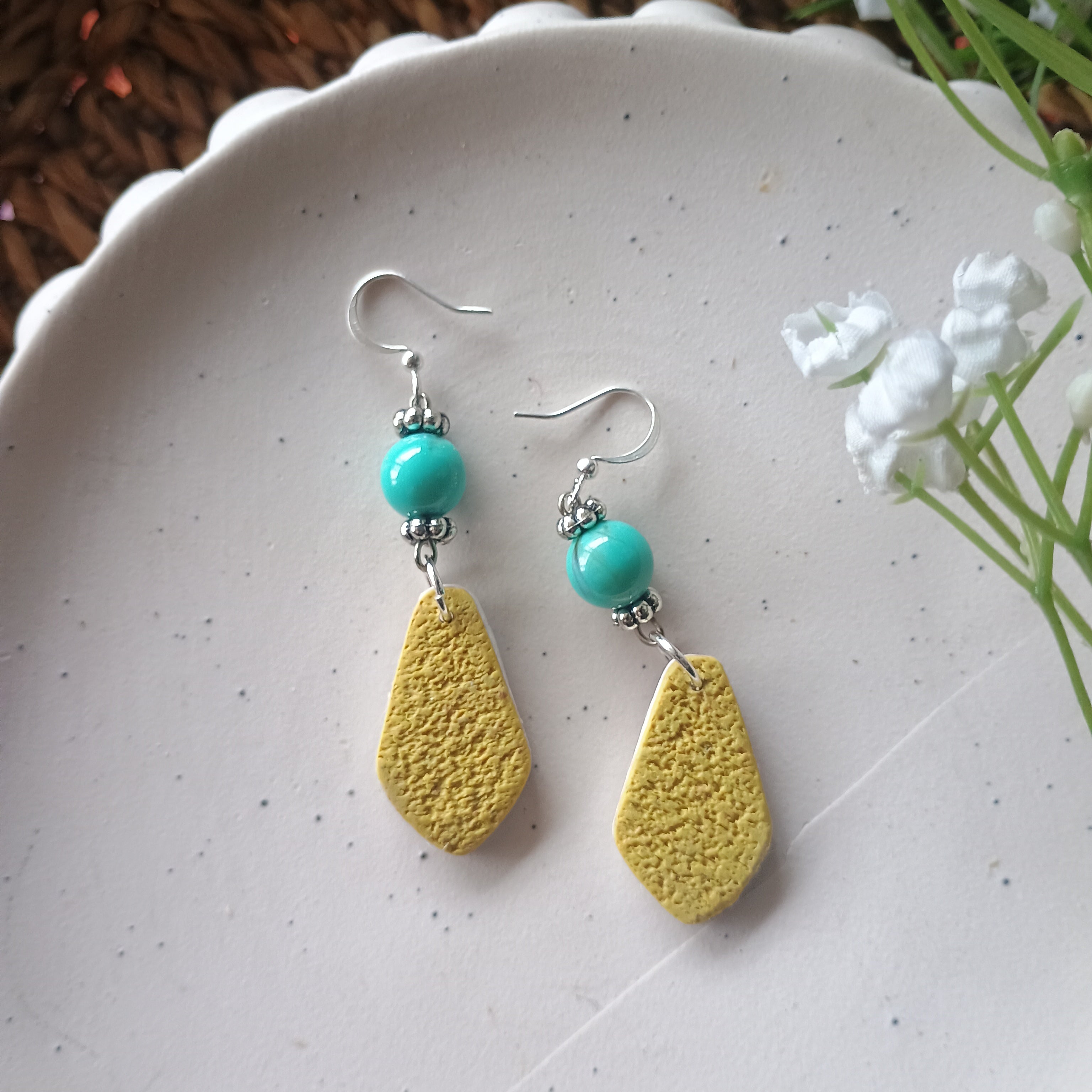 Floral marble print and turquoise bead polymer clay earring