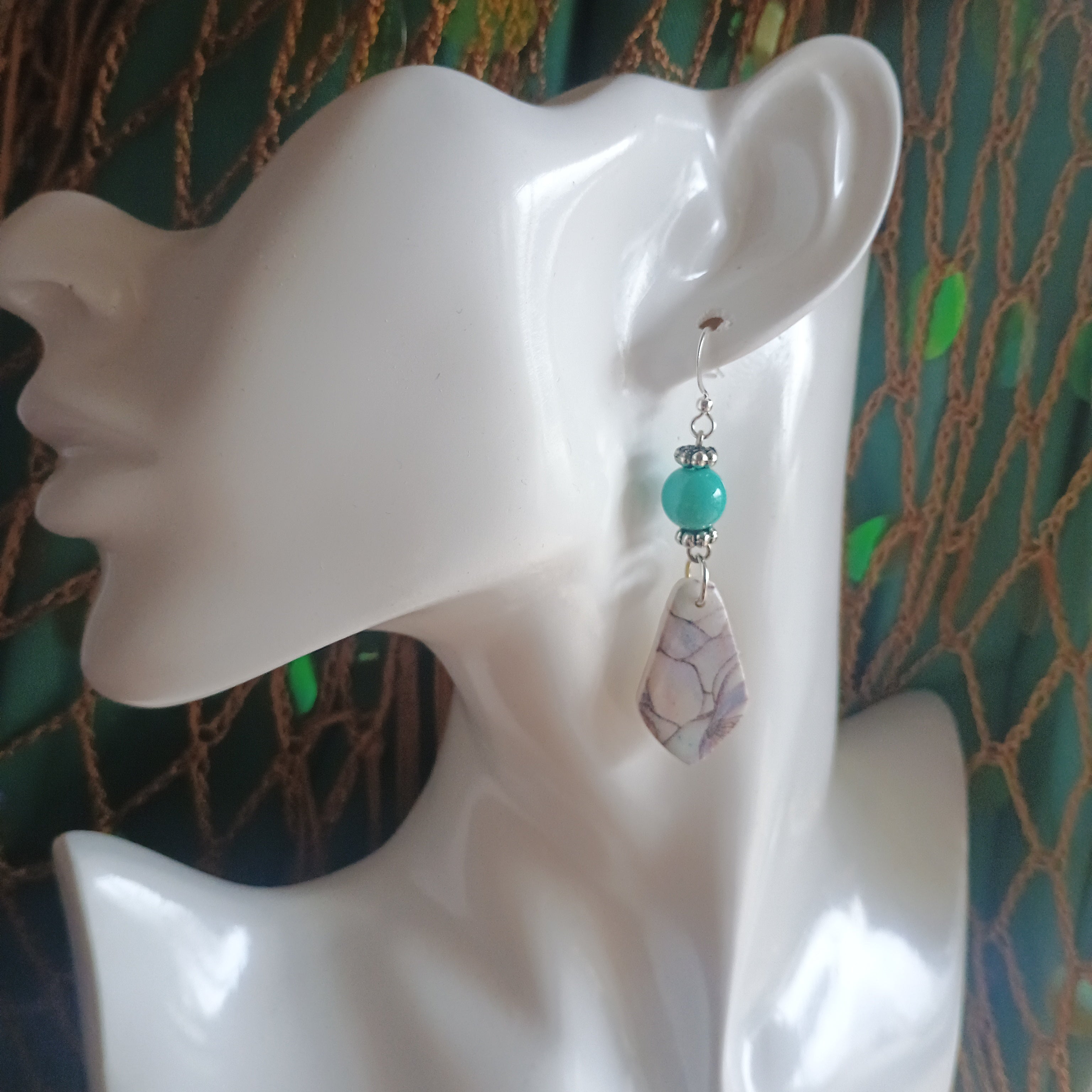 Floral marble print and turquoise bead polymer clay earring