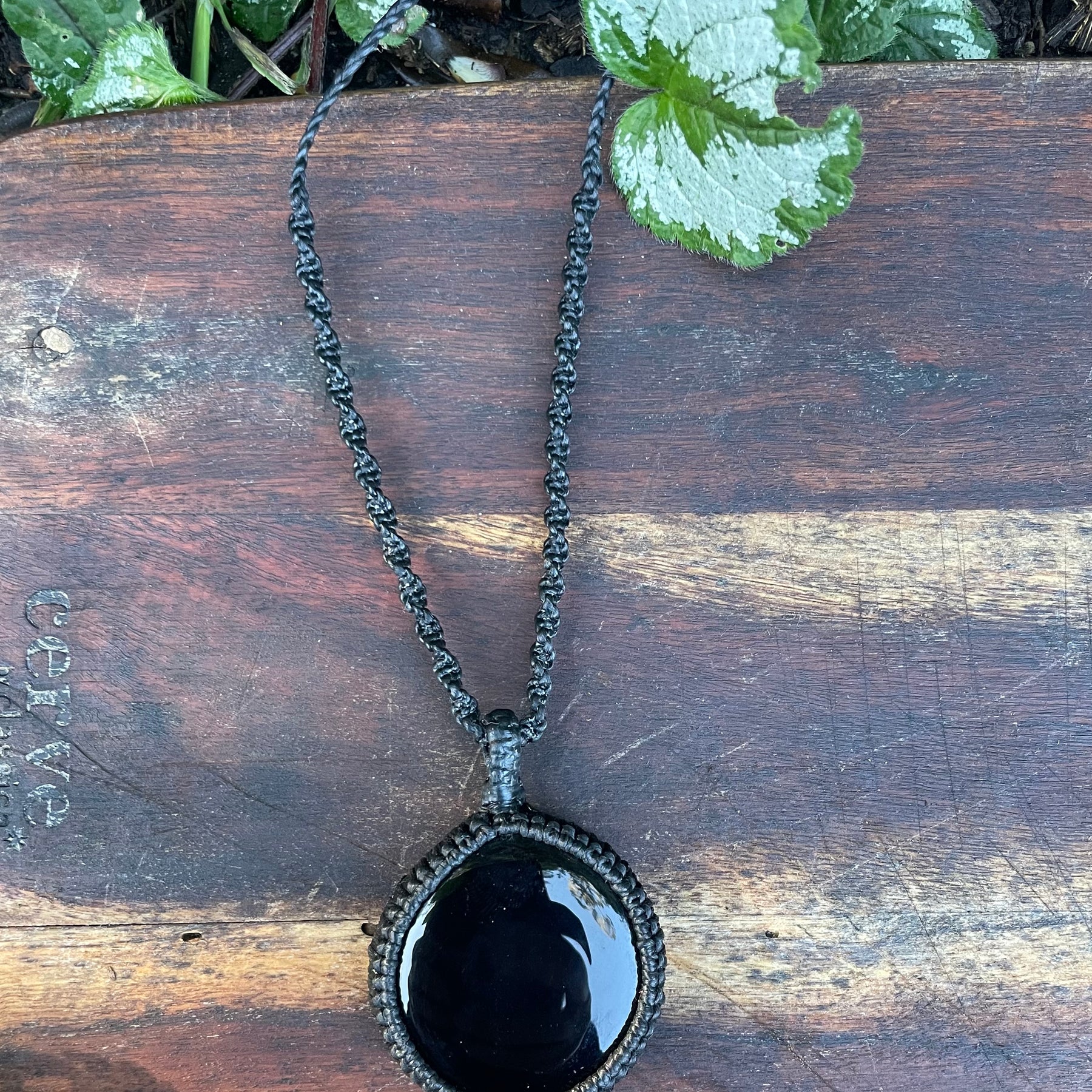 Black Obsidian Pendant, macrame necklace adjustable