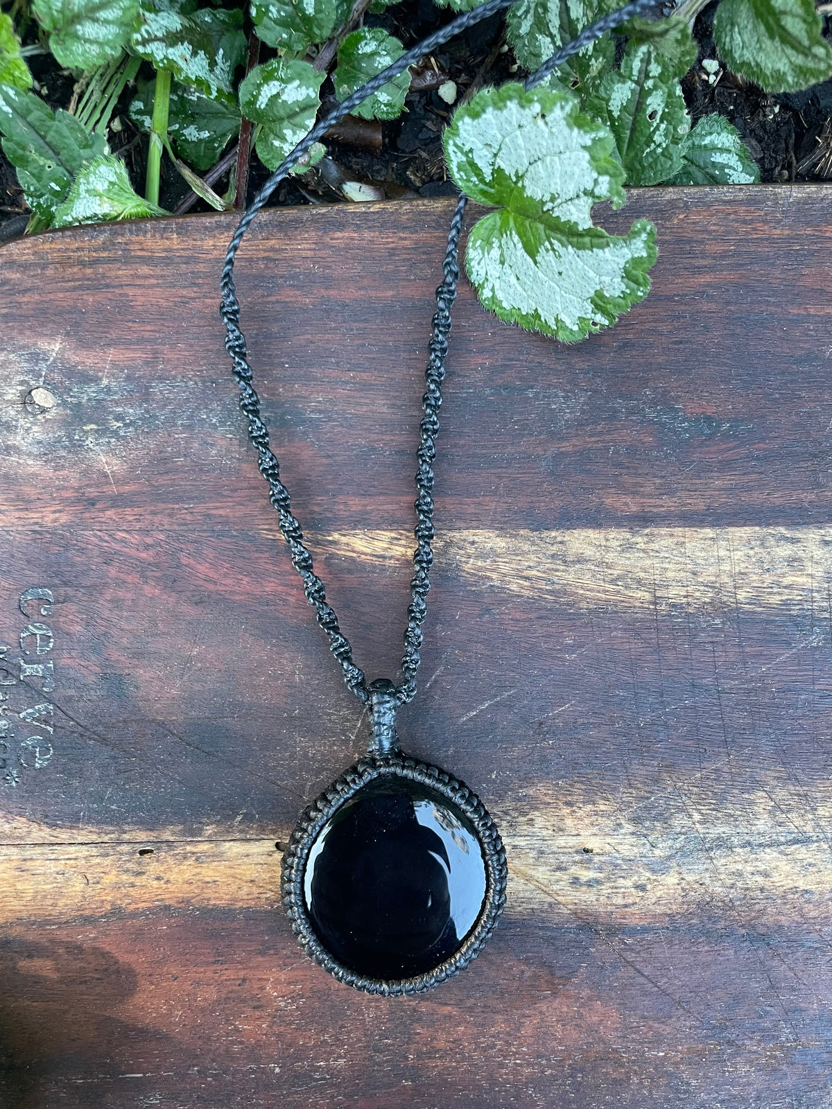 Black Obsidian Pendant, macrame necklace adjustable
