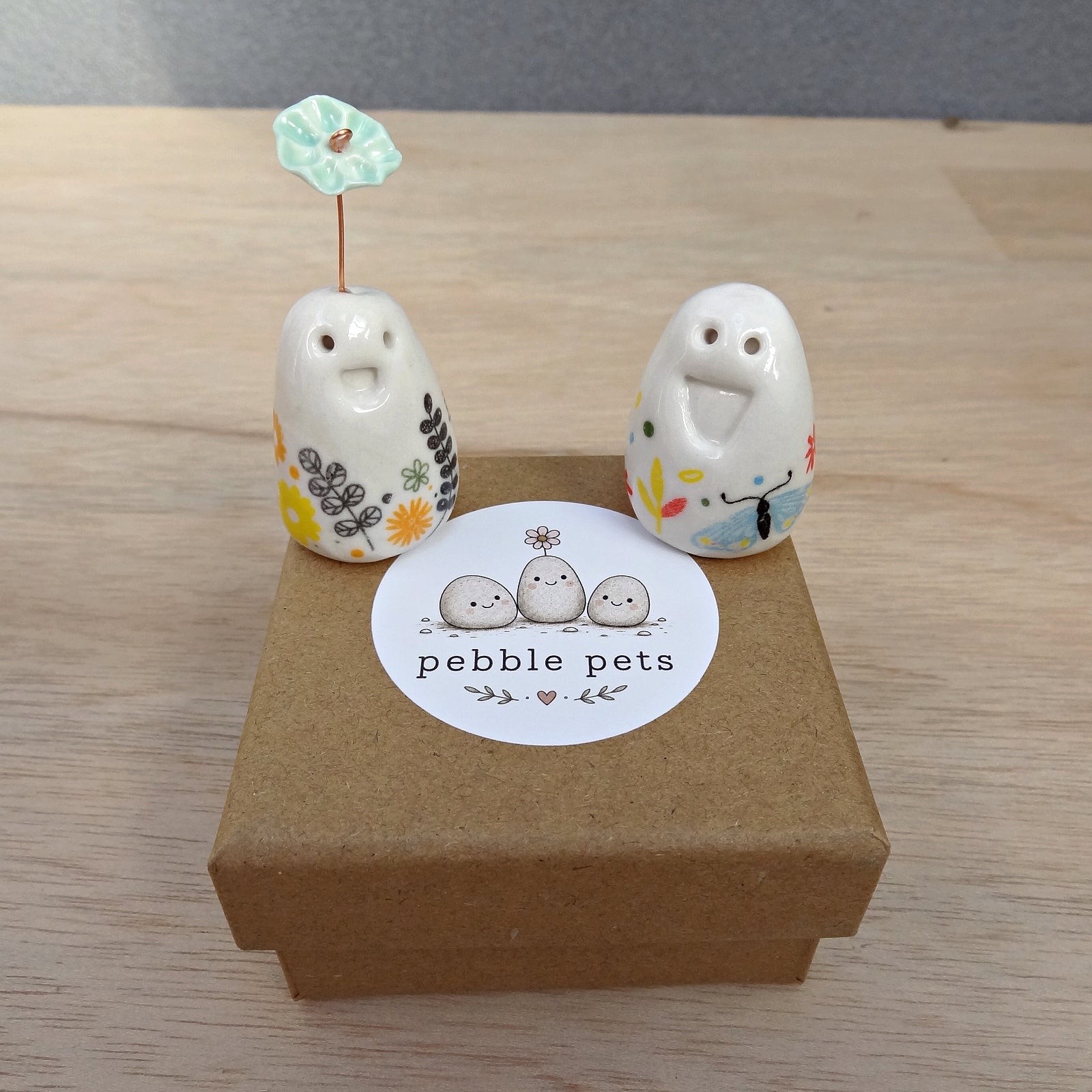 Set of 2 miniature ceramic pebble pets. Collectable tiny ceramic pottery stone friends. Handmade Whimsical Shelf or desk decor