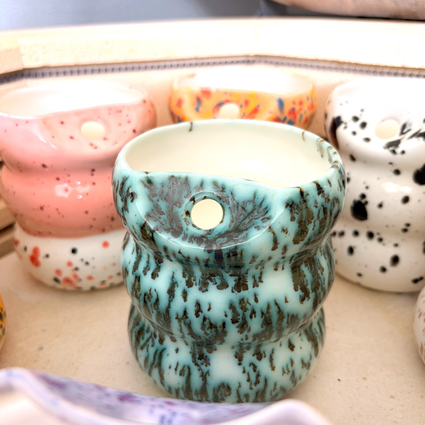 Handcrafted Porcelain Tumbler with Silicon Straw, 600mL Bubble Cup in Moss Glaze
