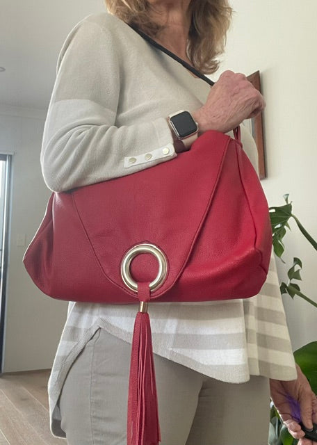 Red Leather Tassled Tote