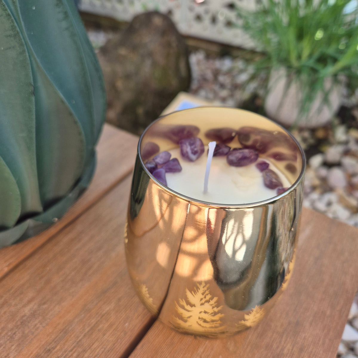 Gold christmas tree glass jar candle with amethyst and lavender