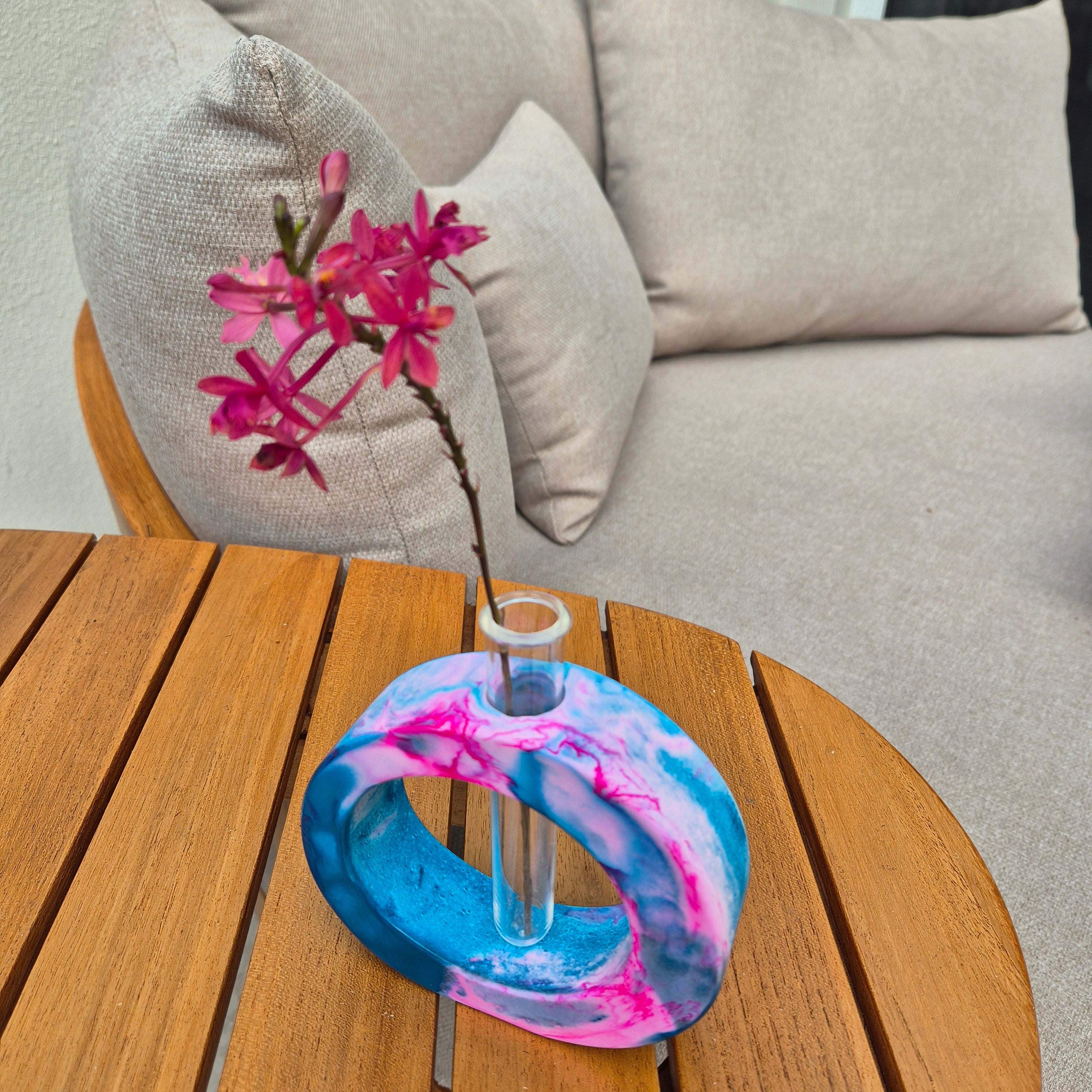 Turquoise and pink concrete test tube single stem vase