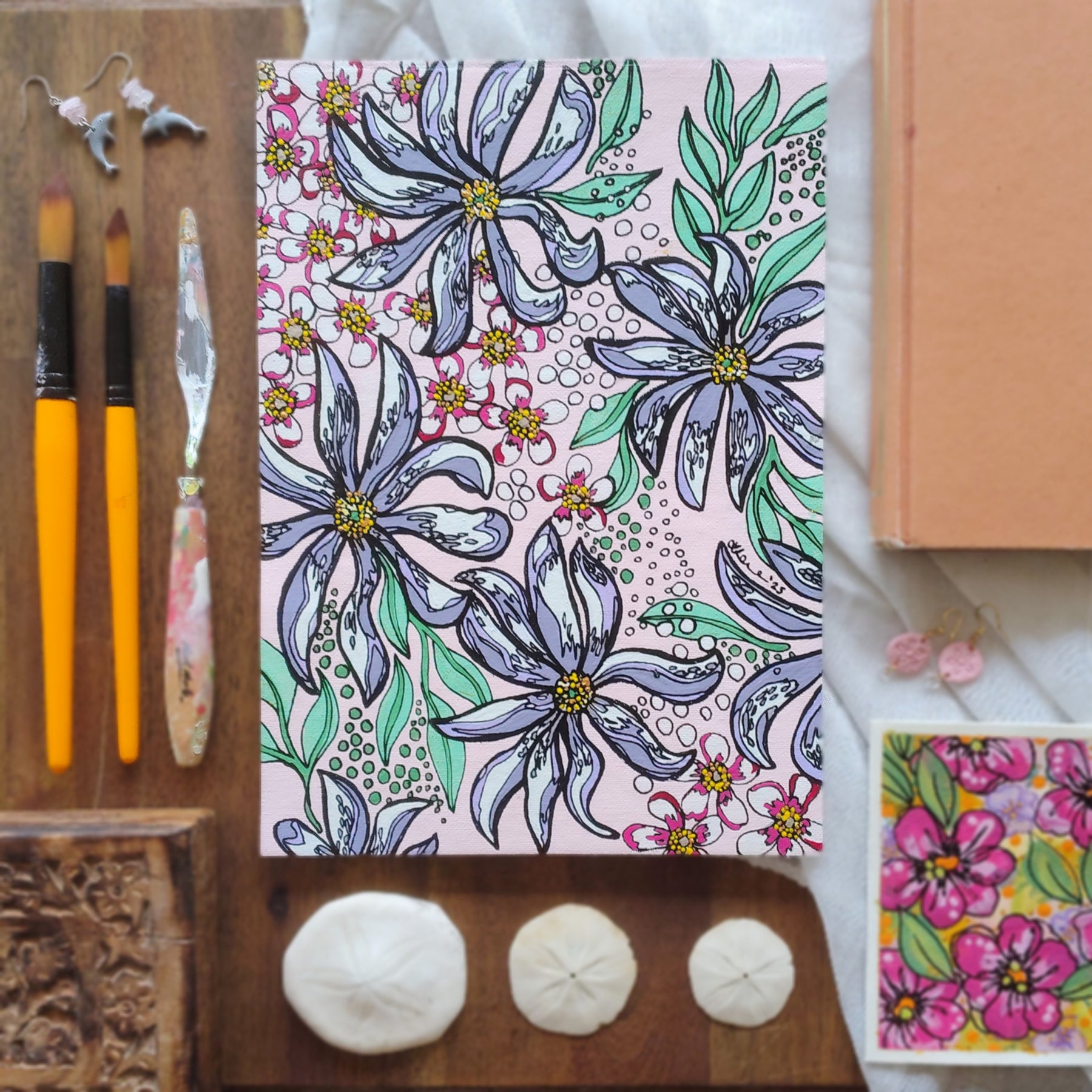 A4 ORIGINAL ARTWORK - "Magnolia Stellata and Pink Manuka" - Abstract Art