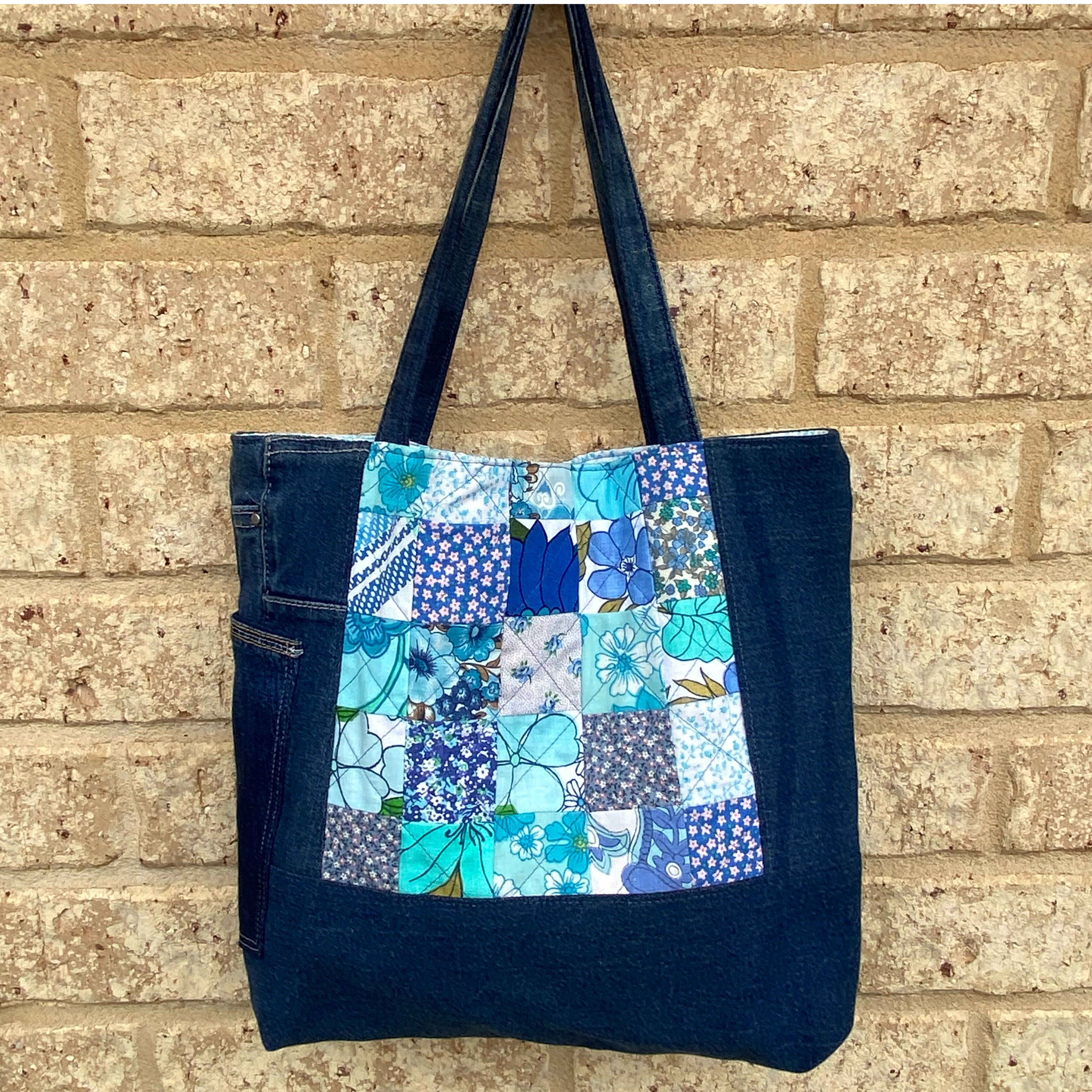 Coastal Blue Handmade Tote Bag Upcycled Vintage Fabrics & Denim Made