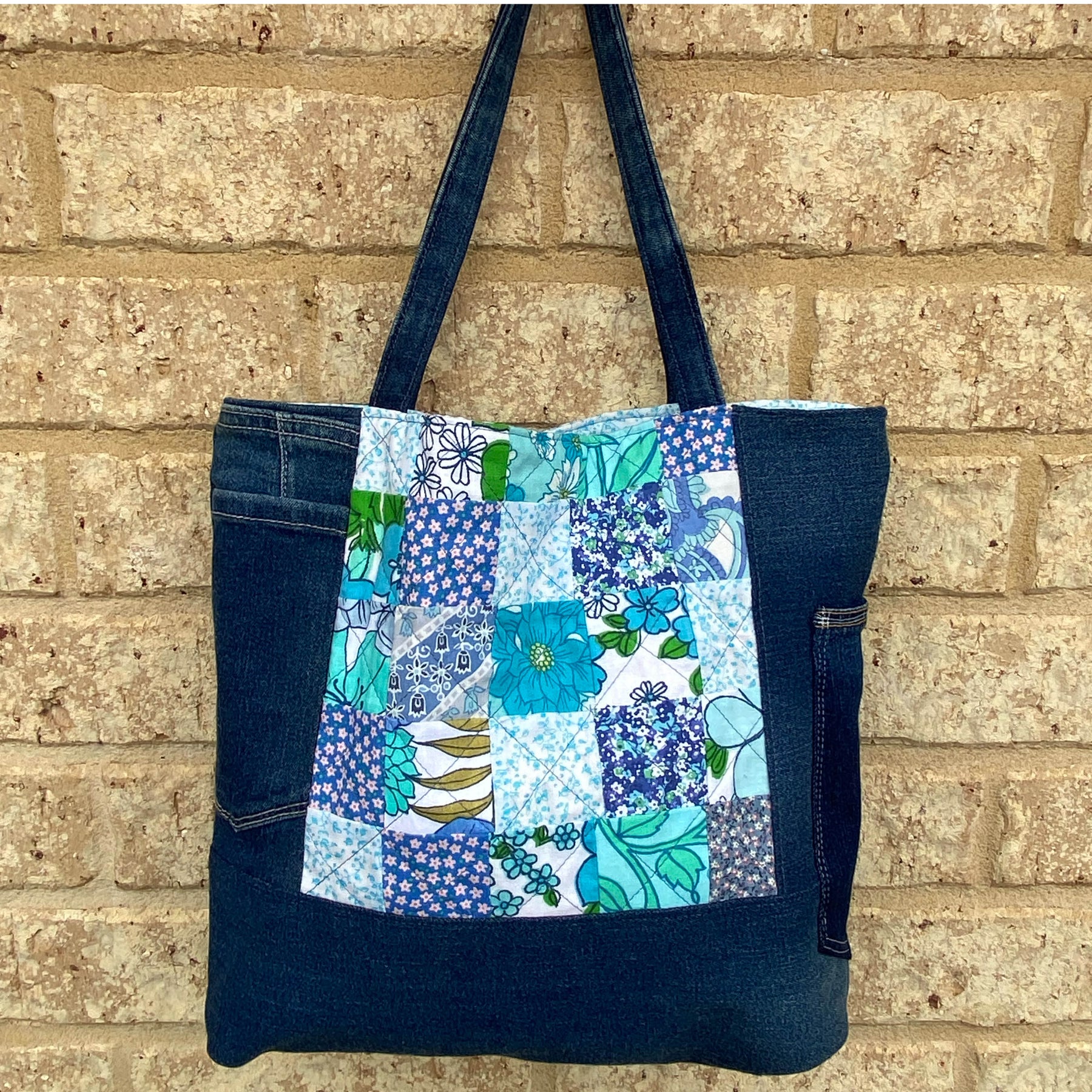 Coastal Blue Handmade Tote Bag Upcycled Vintage Fabrics & Denim Made