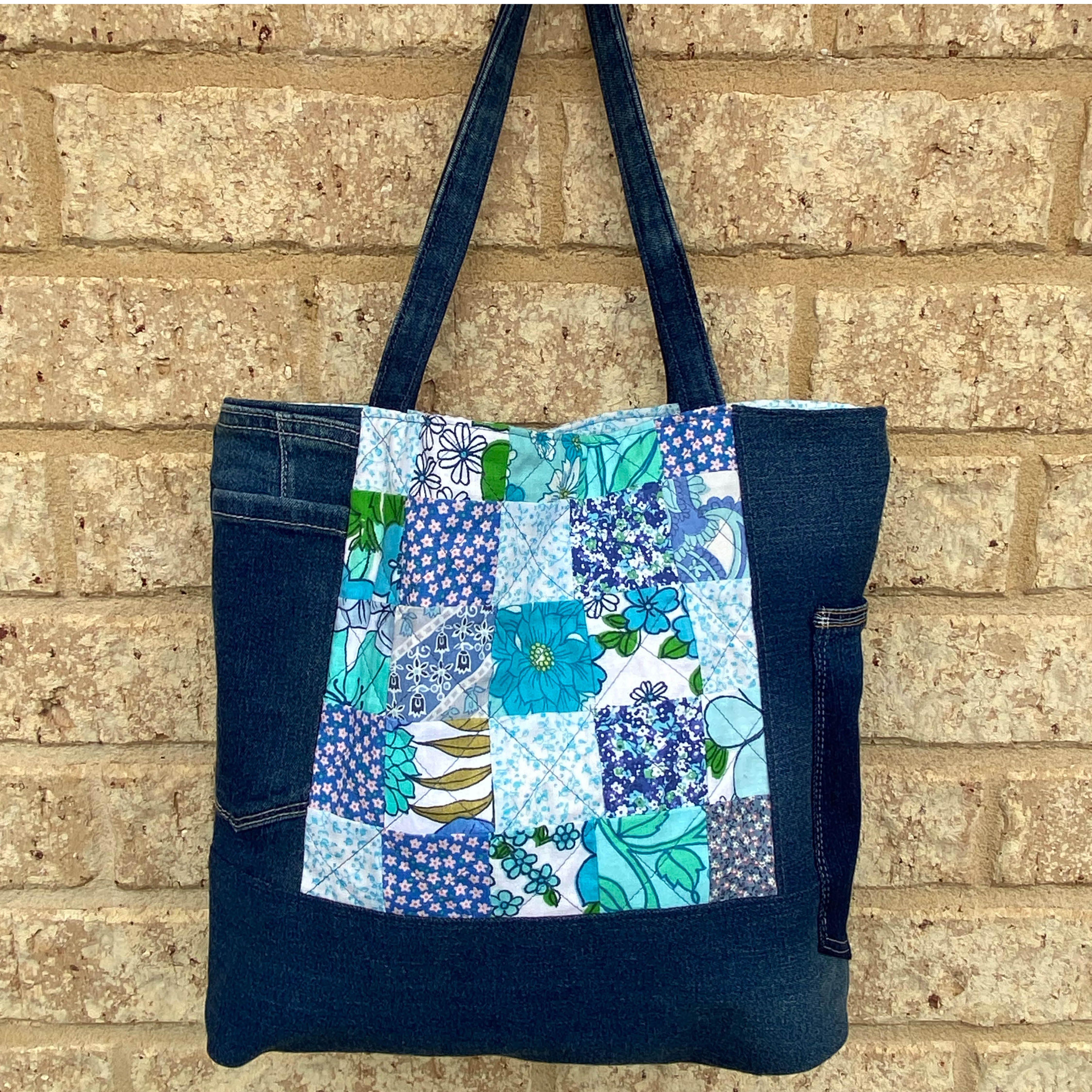 Coastal Blue Handmade Tote Bag Upcycled Vintage Fabrics & Denim Made