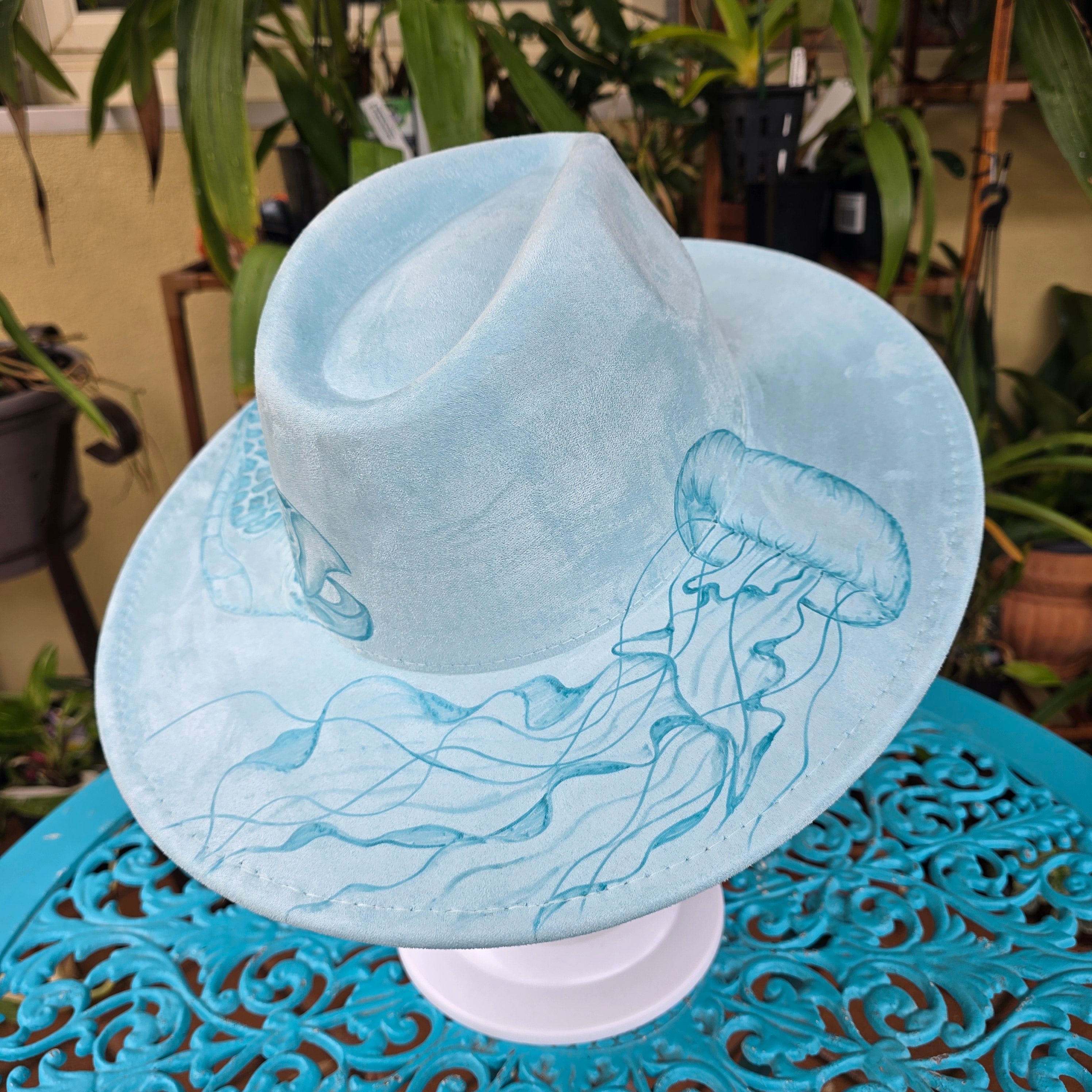 Hand burnt fedora hat : The turtle and The jellyfish