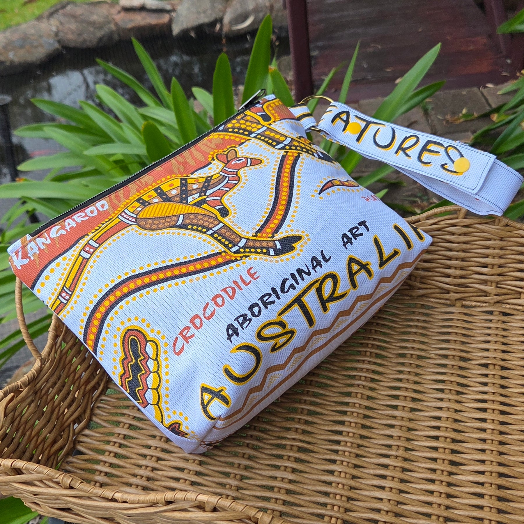 Jumbo pouch made from upcycled Australiana tea towels