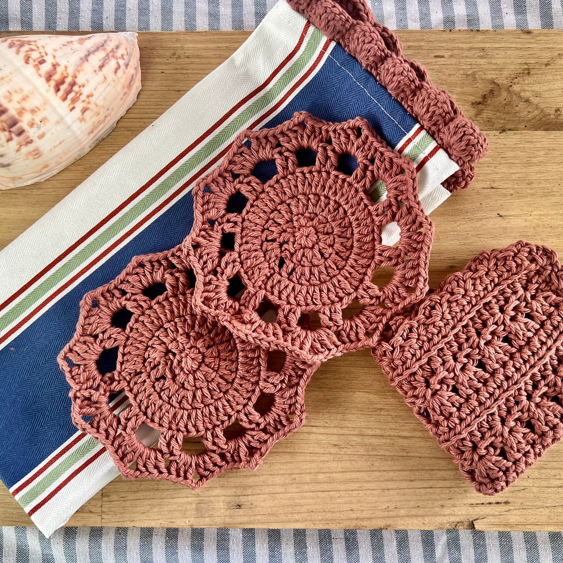 Coastal Kitchen Gift Set, Handmade Crochet Tea Towel & Coasters