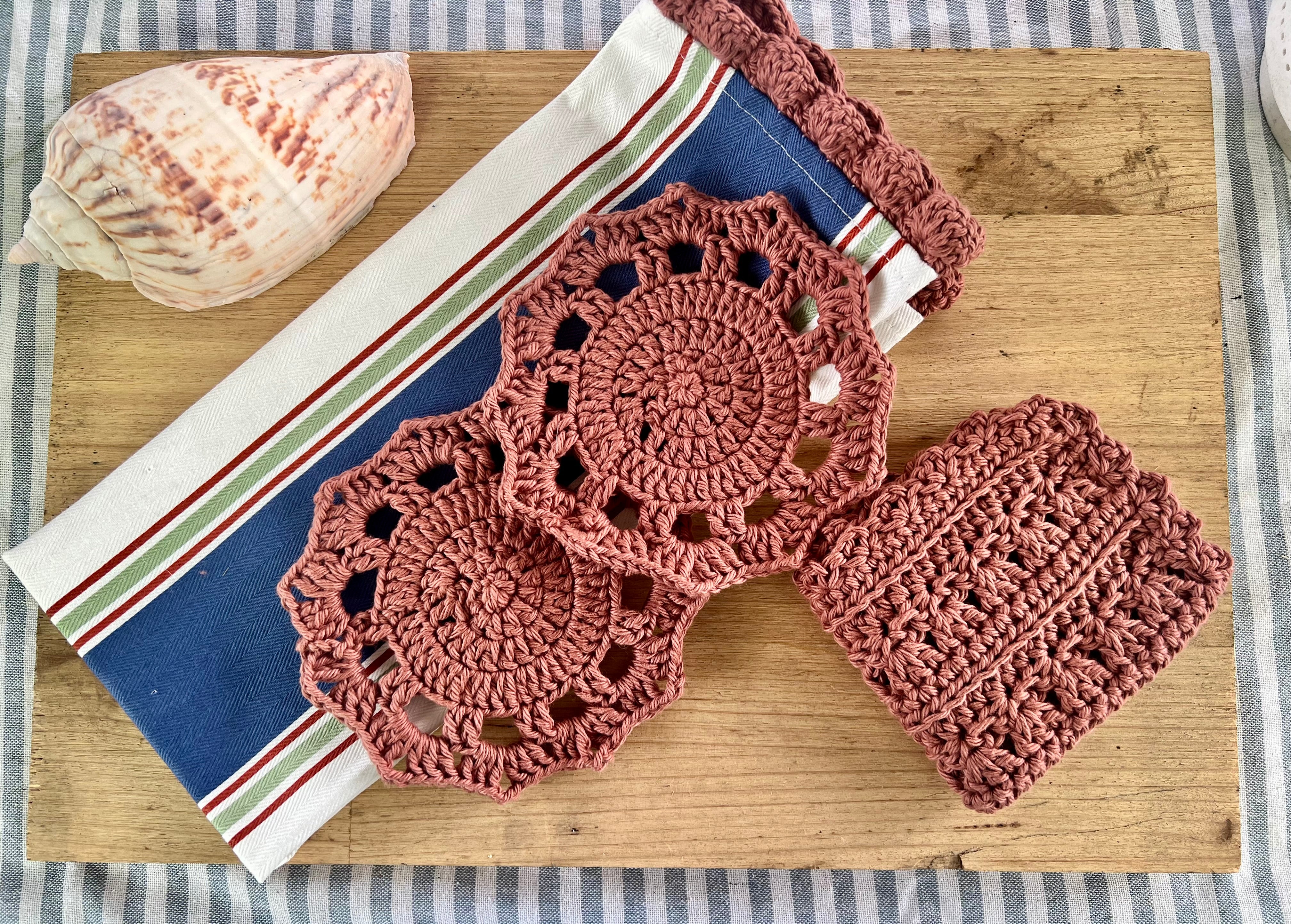 Coastal Kitchen Gift Set, Handmade Crochet Tea Towel & Coasters