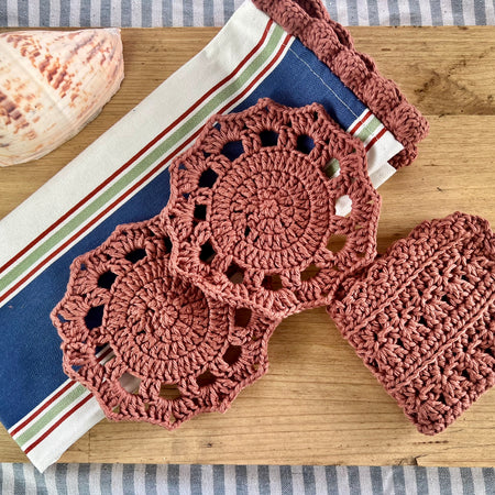 Coastal Kitchen Gift Set, Handmade Crochet Tea Towel & Coasters