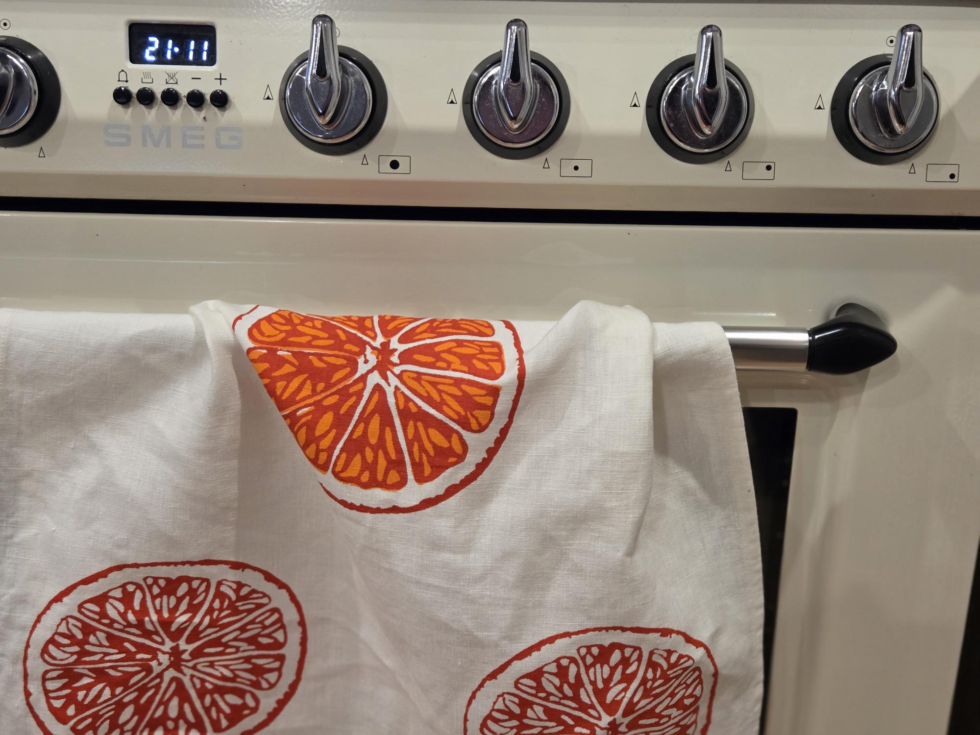 Hand screen printed Linen Tea Towels-Oranges & Oranges