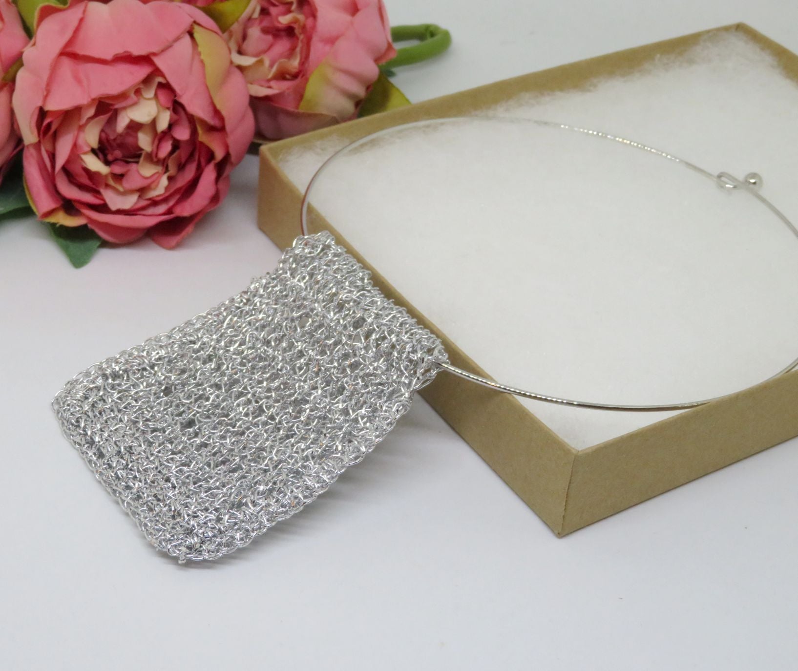 Bespoke Handmade Silver Shimmer Crochet Pendant Choker Necklace