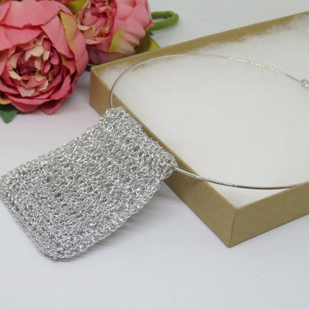Bespoke Handmade Silver Shimmer Crochet Pendant Choker Necklace