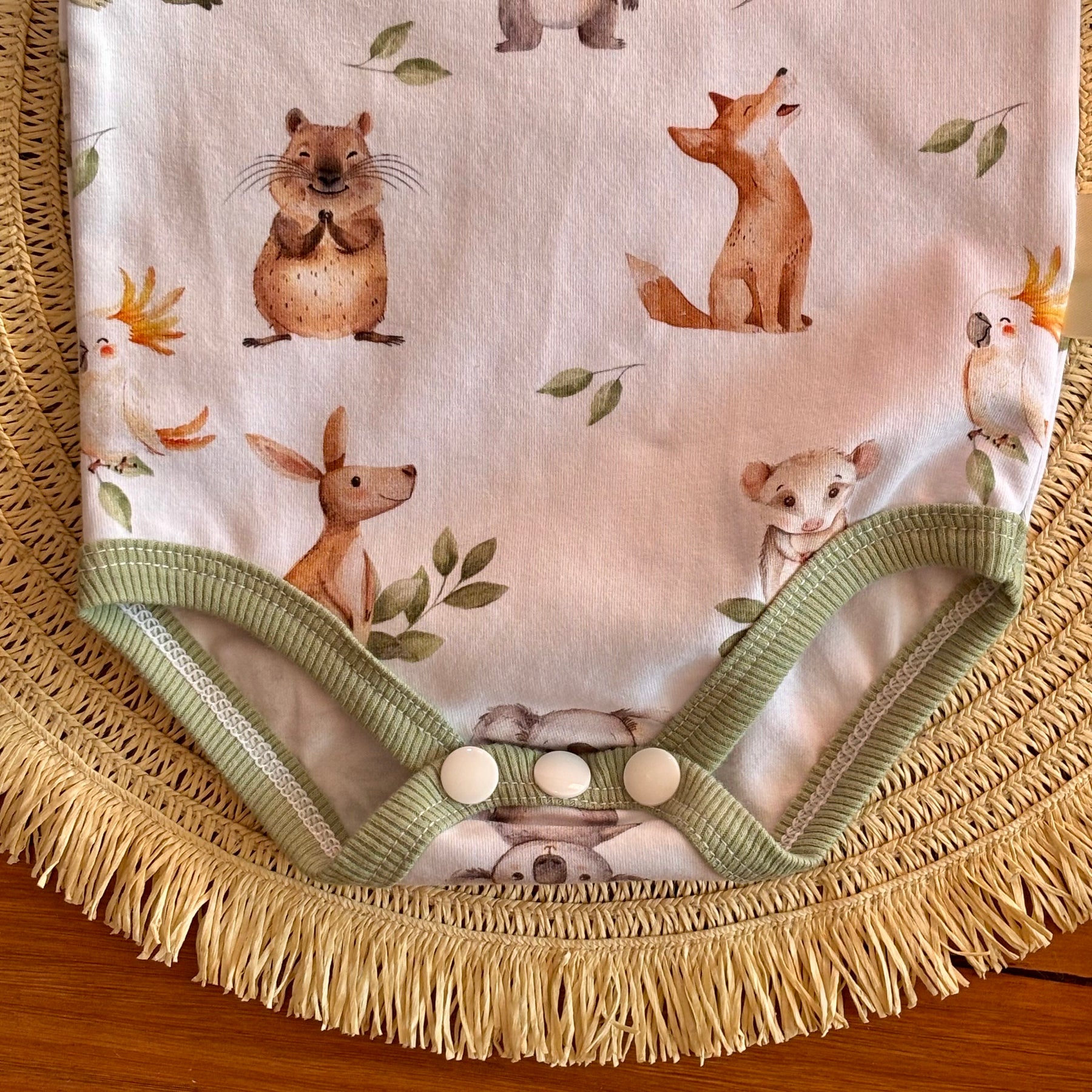Baby Bodysuit and Pants Set | Green Aussie Animals | Size premmie to 2 | Made to order