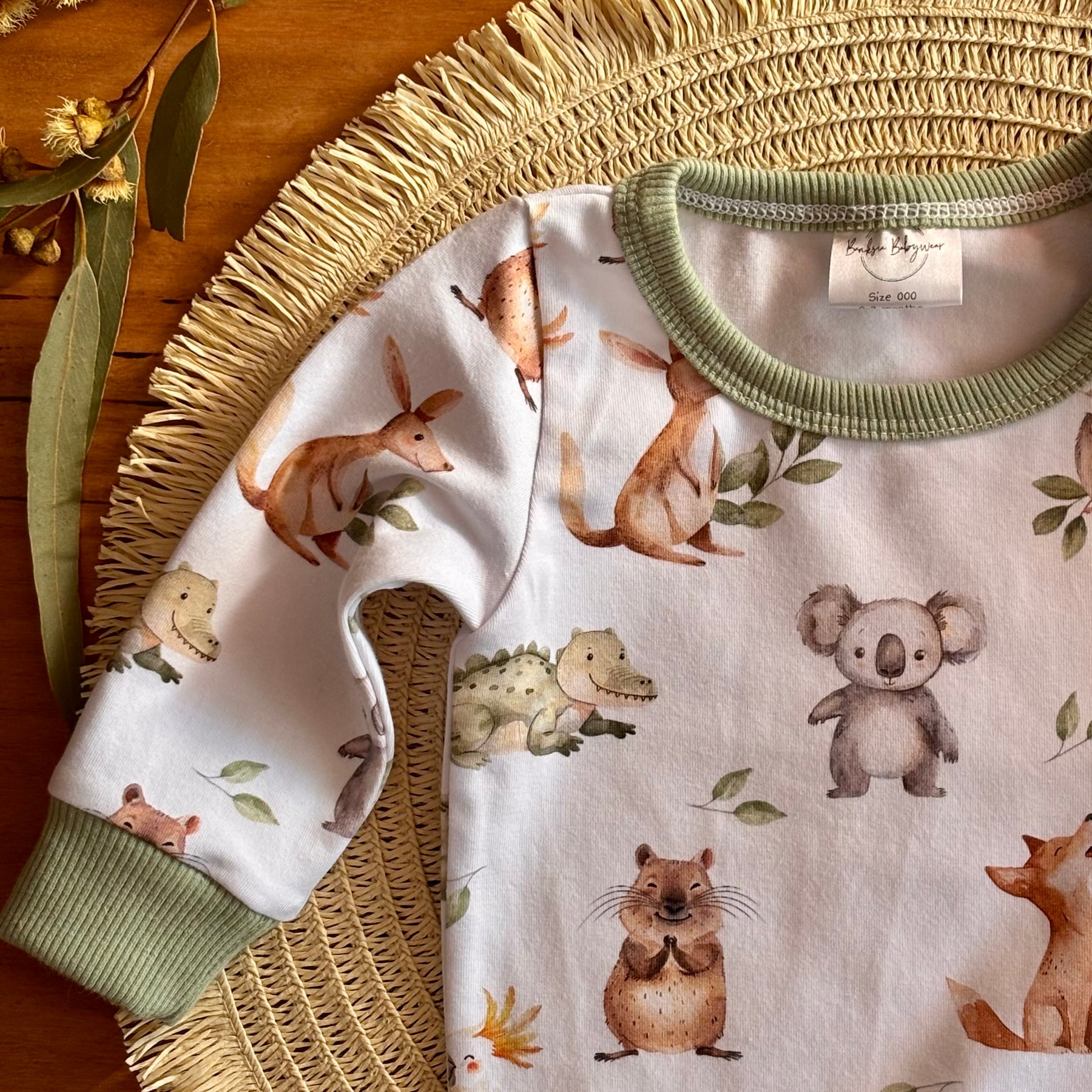 Baby Bodysuit and Pants Set | Green Aussie Animals | Size premmie to 2 | Made to order