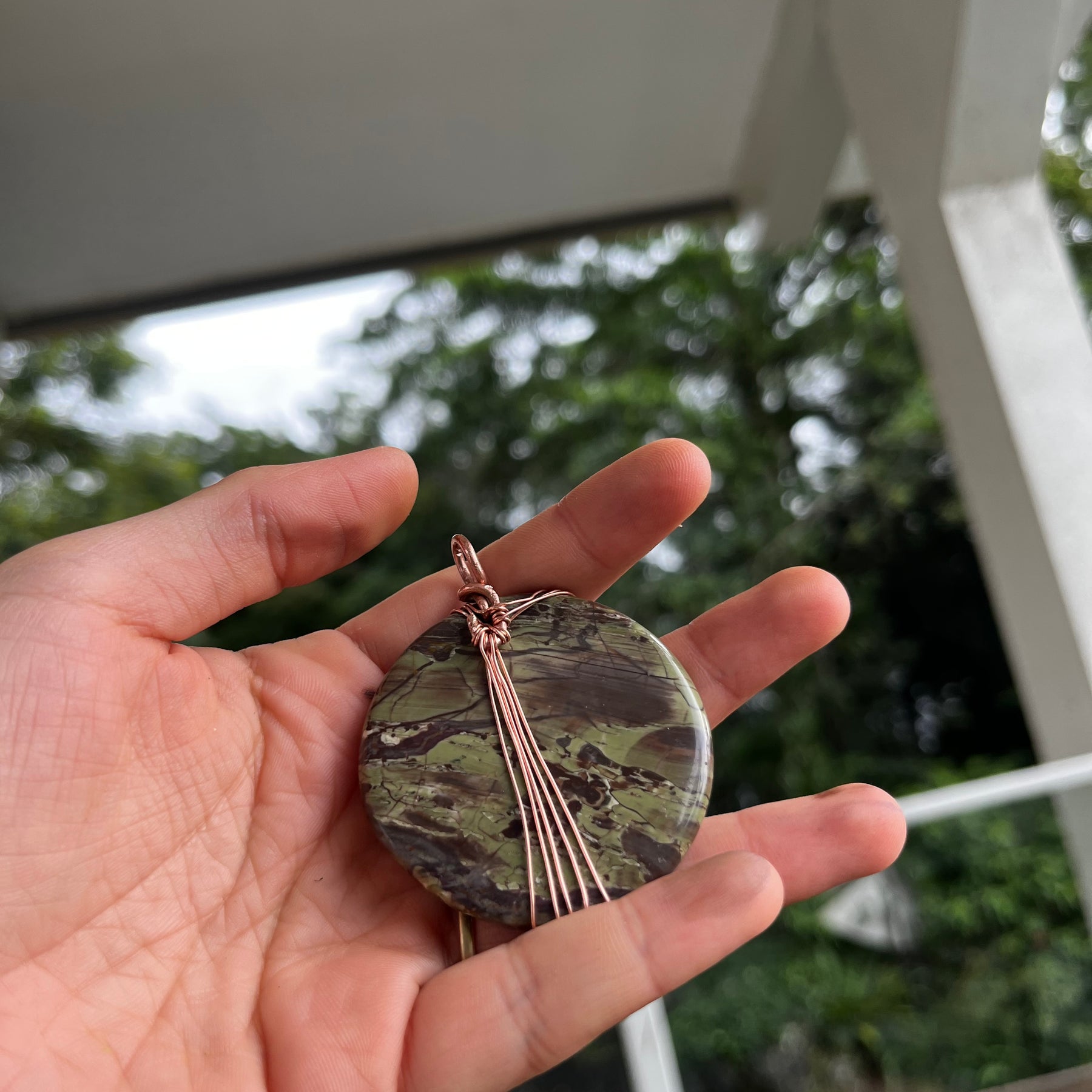 Kambaba jasper and copper spiral pendant