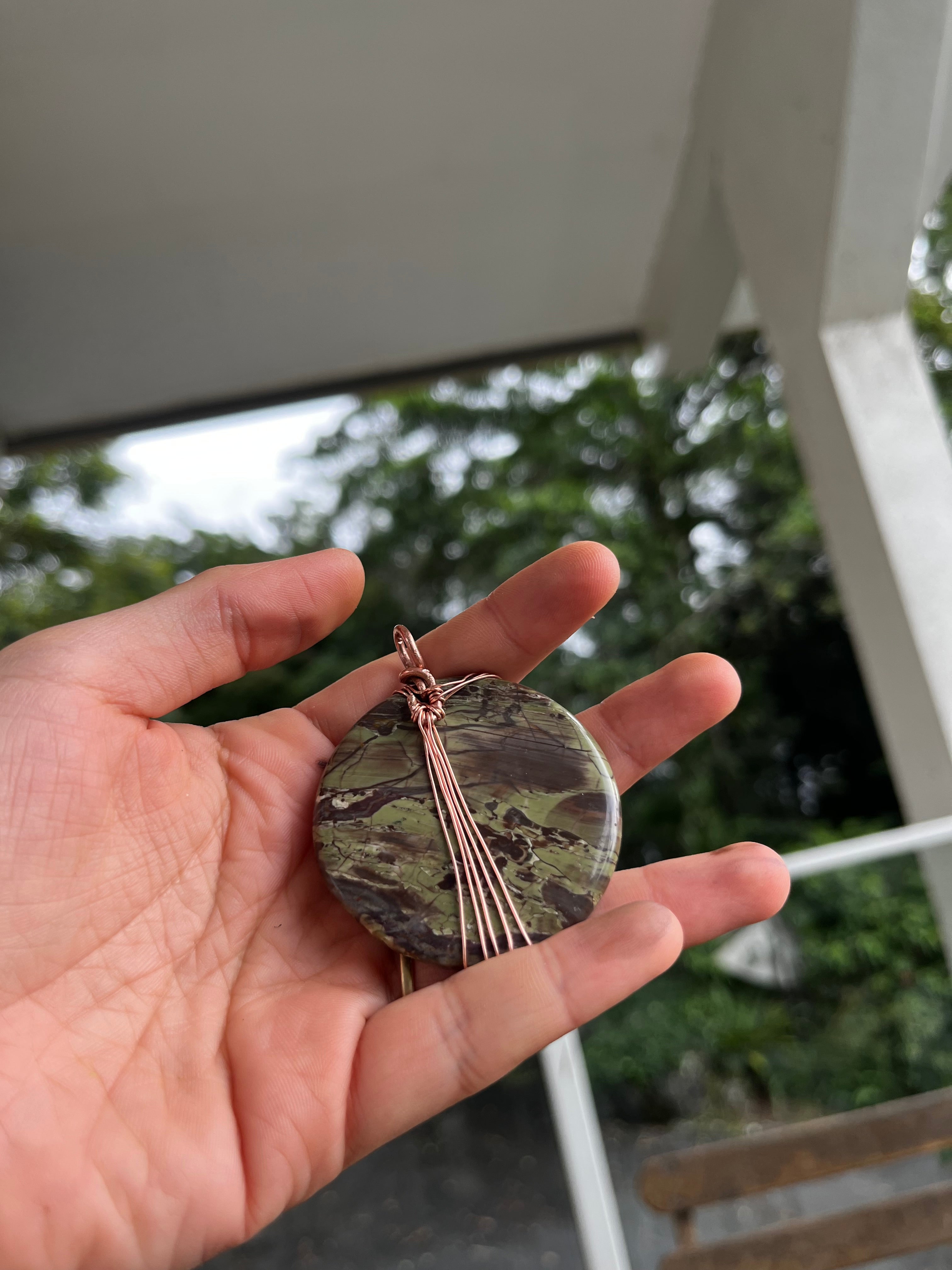 Kambaba jasper and copper spiral pendant