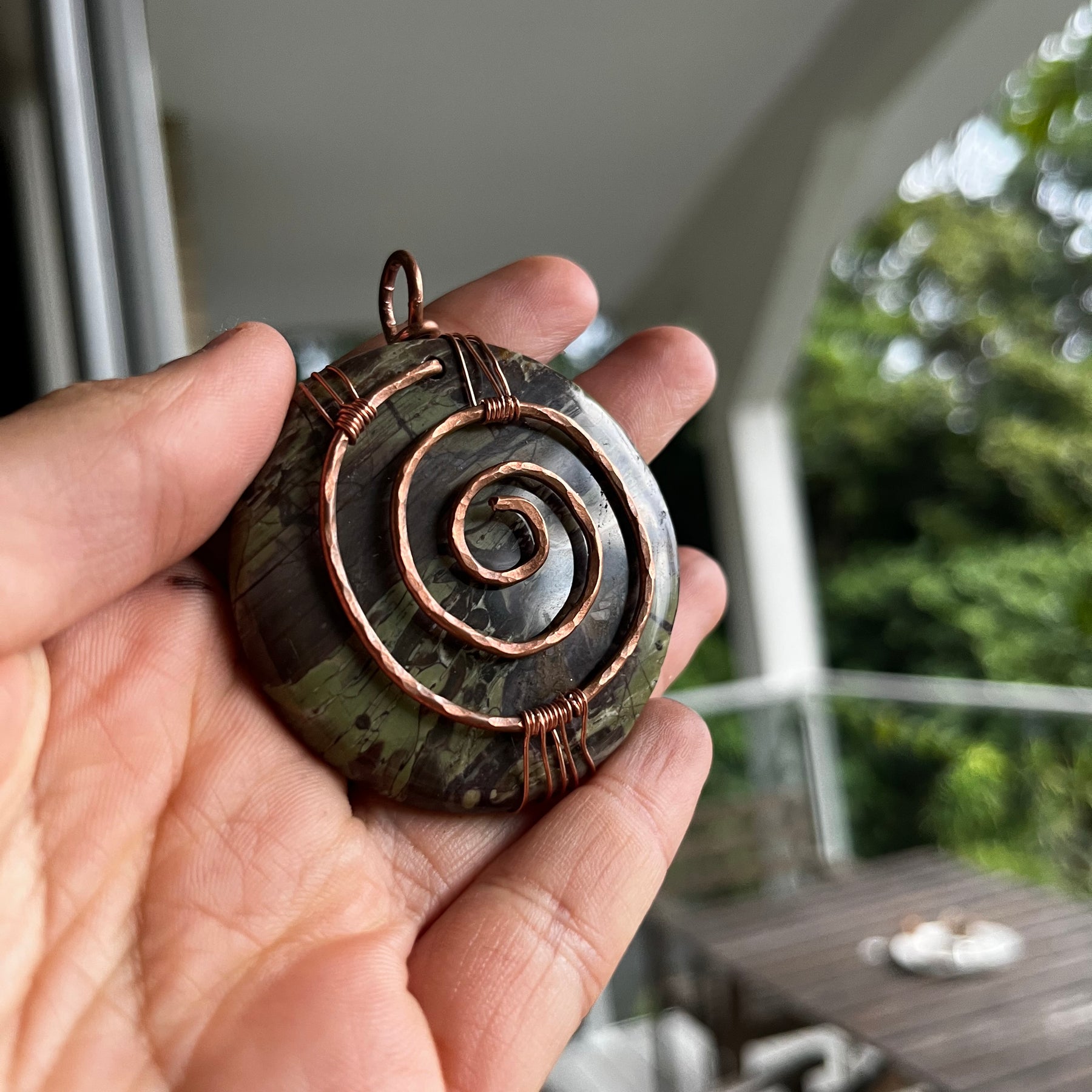 Kambaba jasper and copper spiral pendant