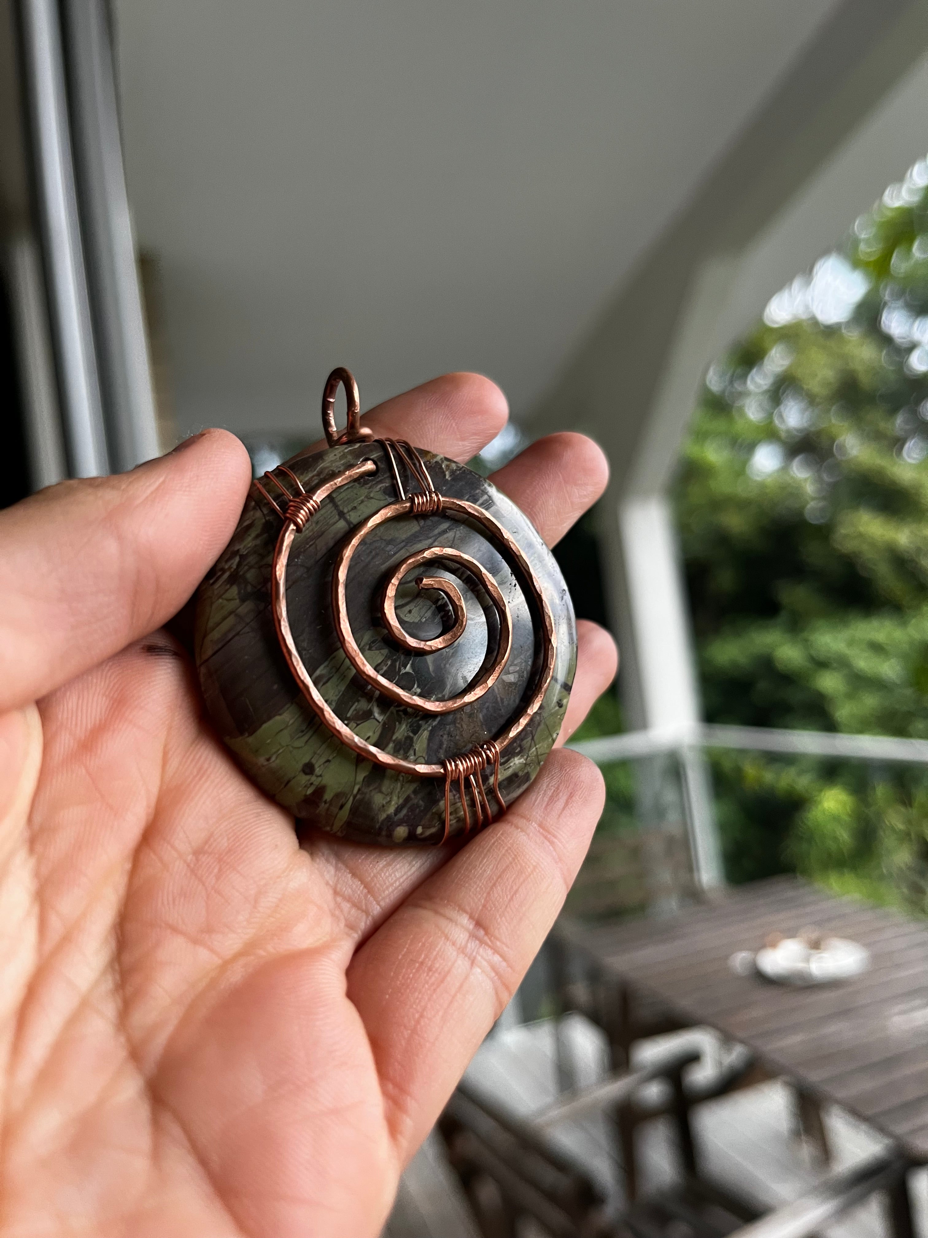 Kambaba jasper and copper spiral pendant
