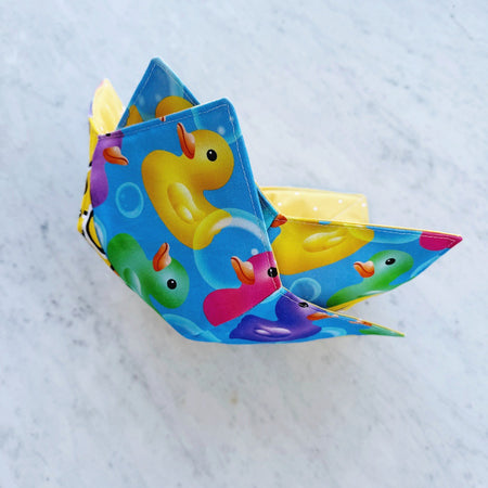 Set of two, rubber ducks microwave bowl cosies. Soup and porridge hot bowl holders.