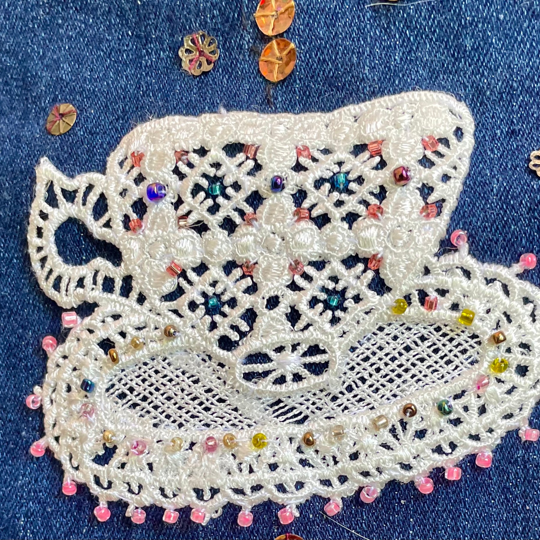 Upcycled Denim Jacket, Hand Beaded Teapot Embroidery