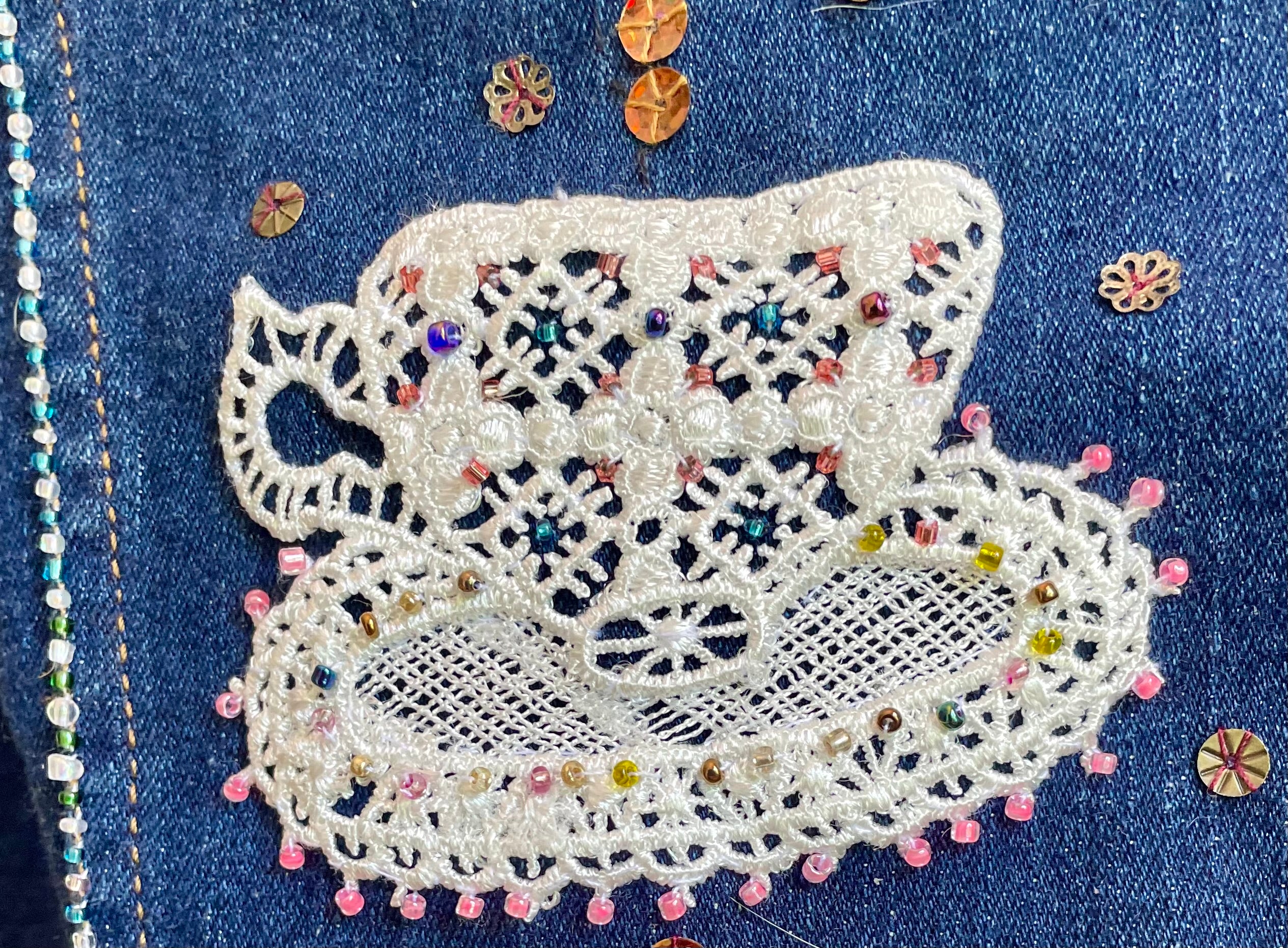 Upcycled Denim Jacket, Hand Beaded Teapot Embroidery