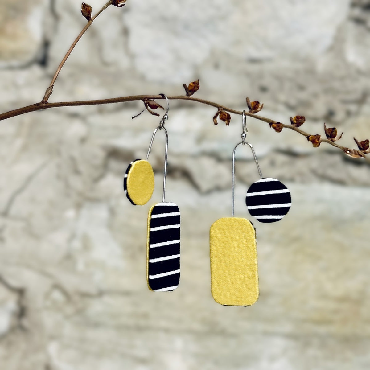 Earrings Asymmetrical Textile Yellow Black White Stripe - EC-646